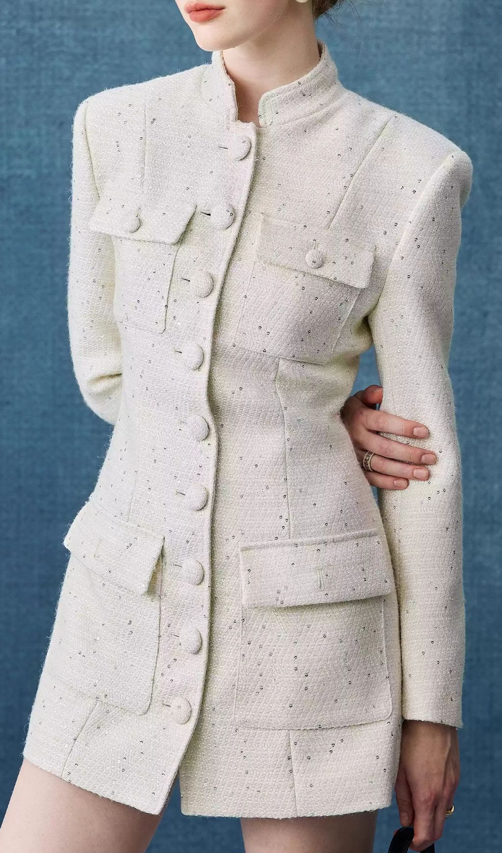 Elegant White Tweed Mini Dress | Long Sleeve Button-Front Style