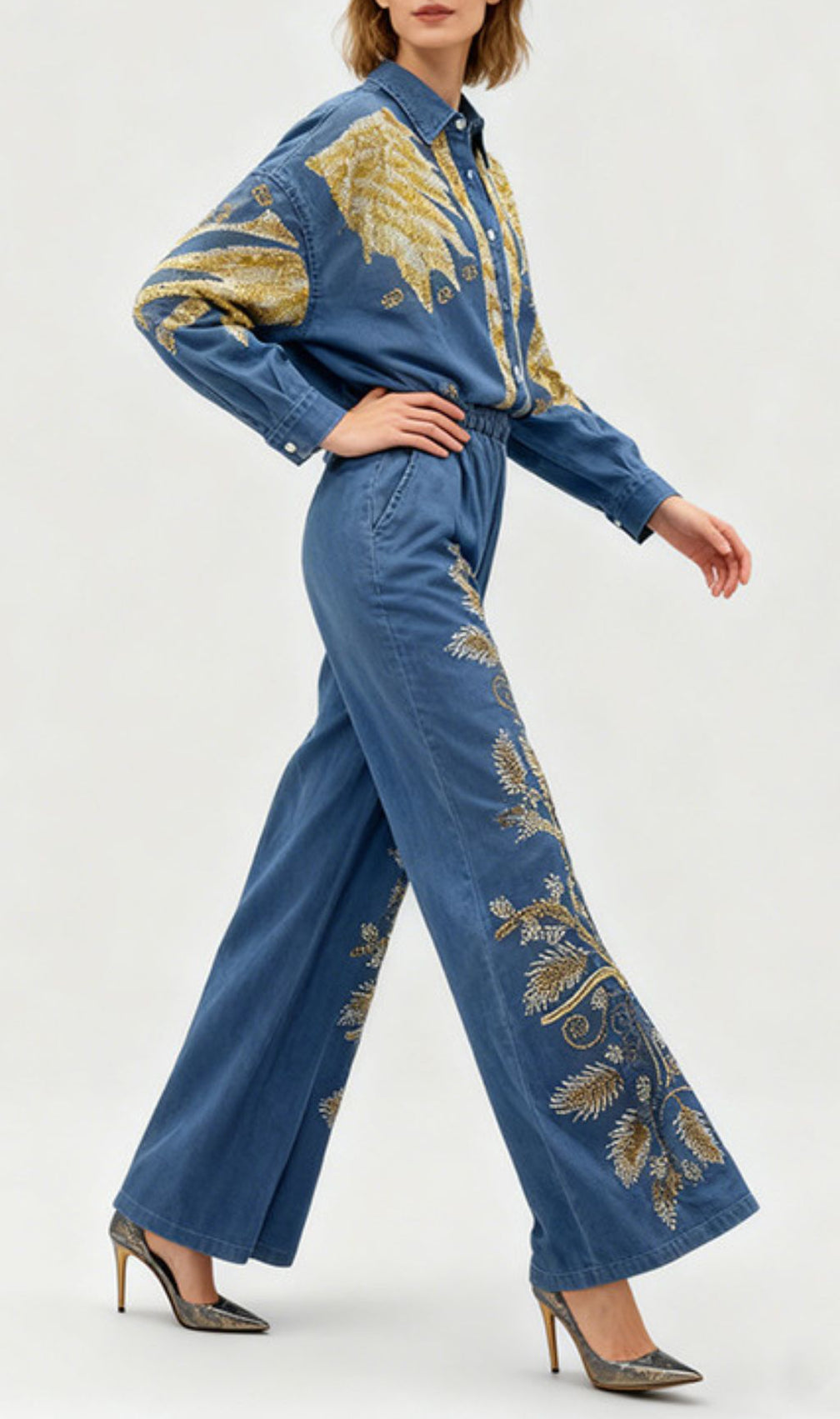 Jaclyn Embroidered Denim Two-Piece Set | Boho Wide-Leg Pants & Top