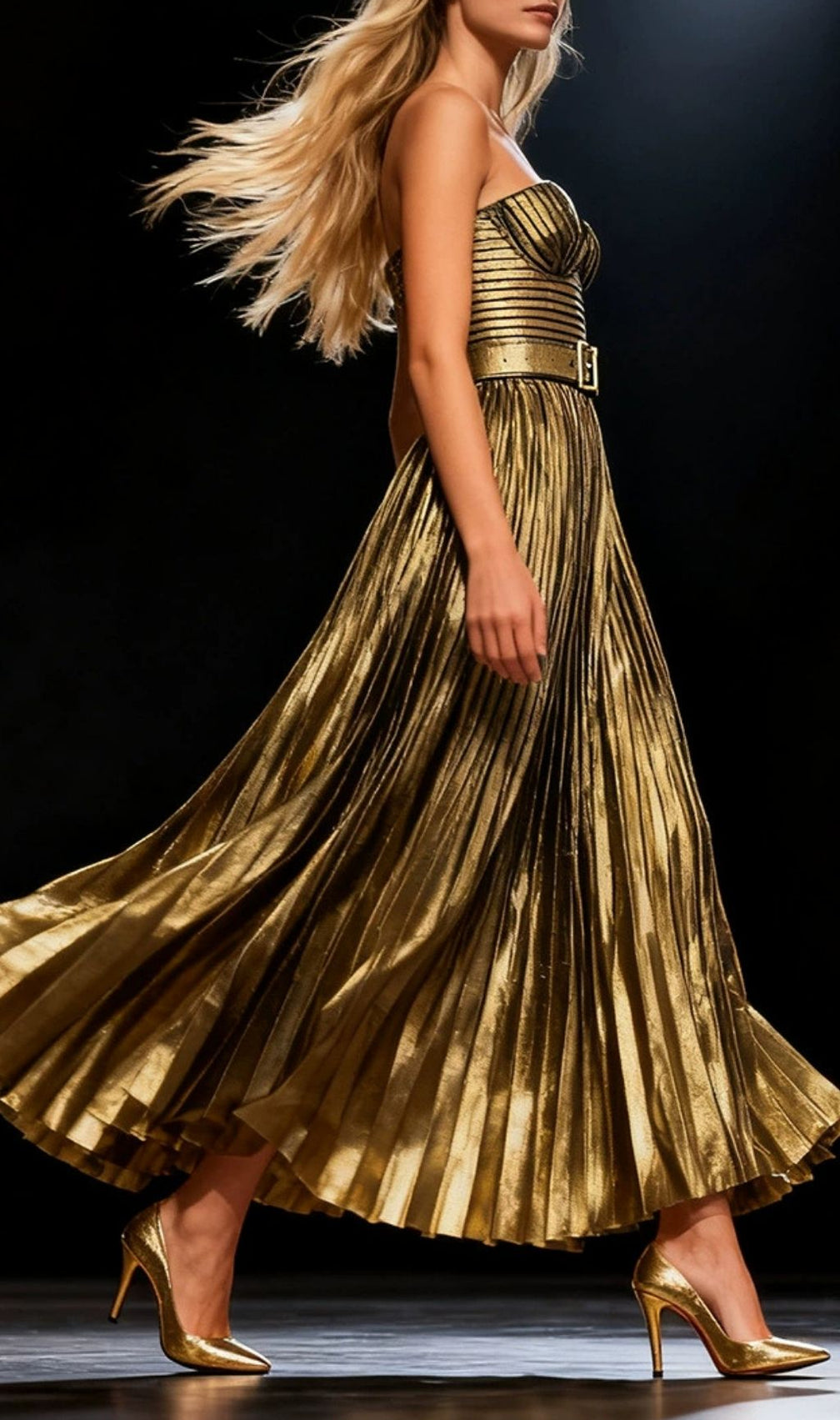 Kalyssa Goddess Gold Pleated Strappy Maxi Dress - Gala & Event Gown