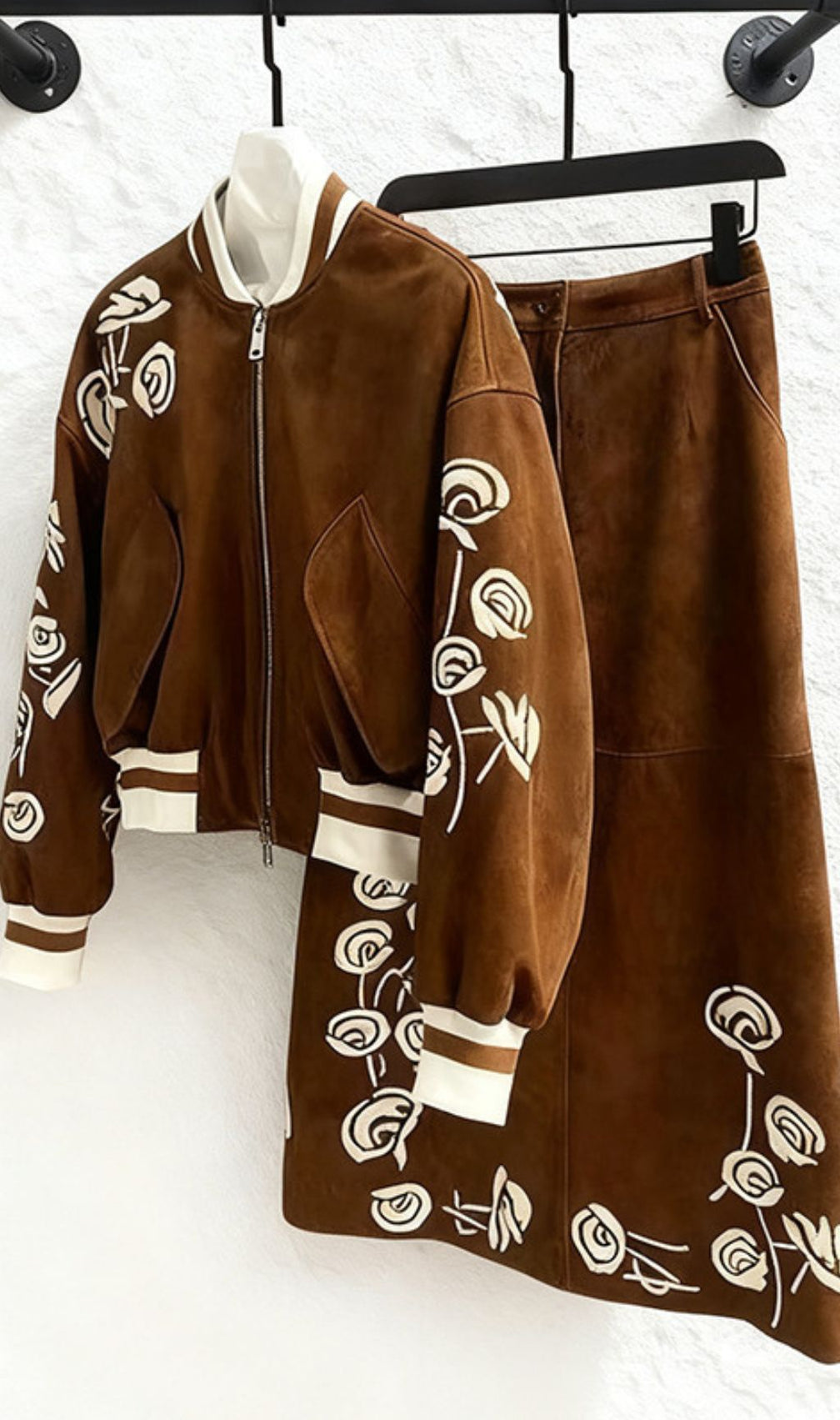 Huda Chic Brown Embroidered Faux Suede Bomber Jacket & Midi Skirt Set