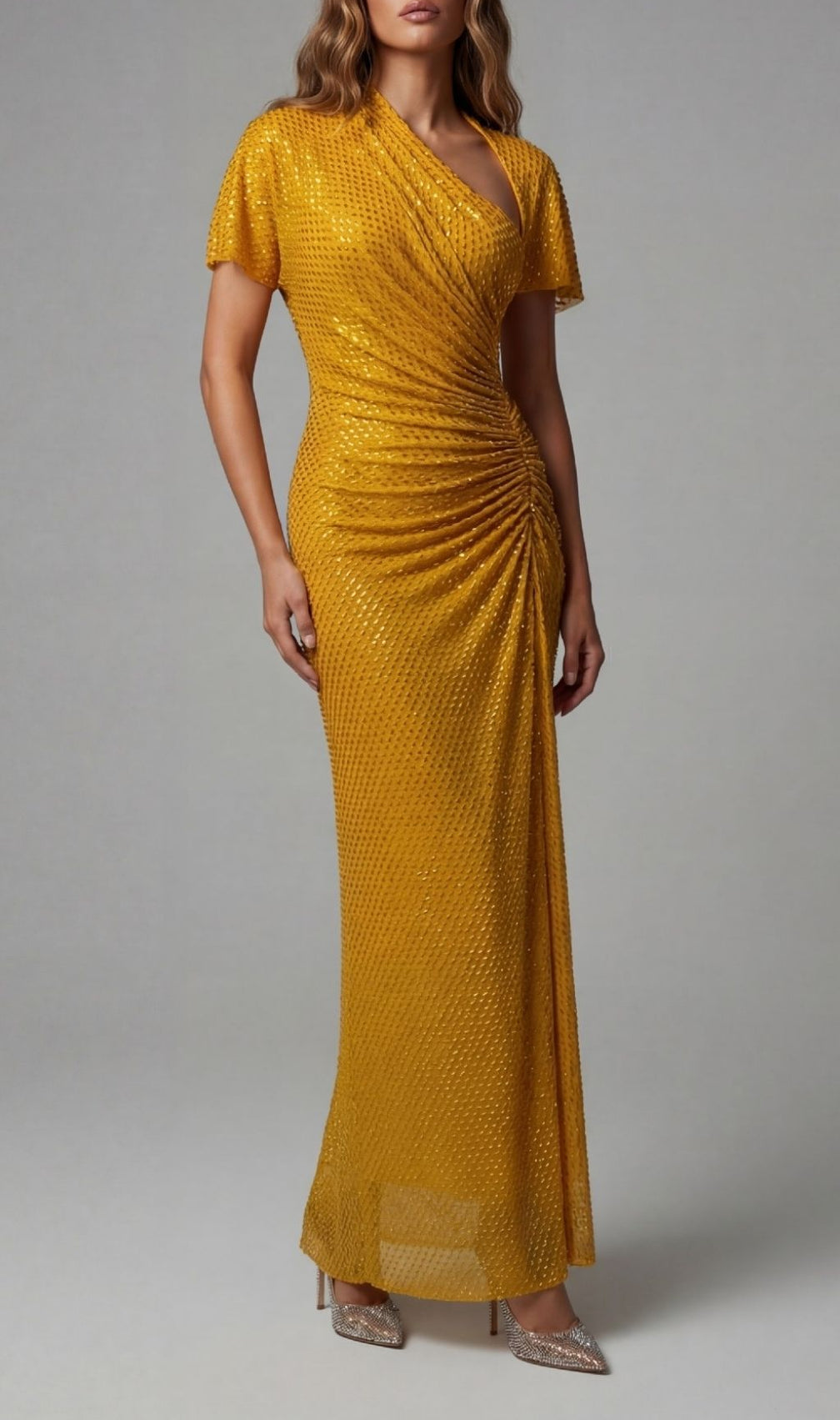 Kennedy Crystal Ruched Maxi Dress: Dazzling Wheat Gown for Unforgettable Evenings