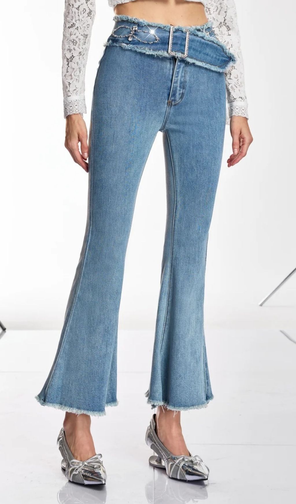 Danette Rhinestone Belted Flare Jeans - High-Waisted Glam Denim