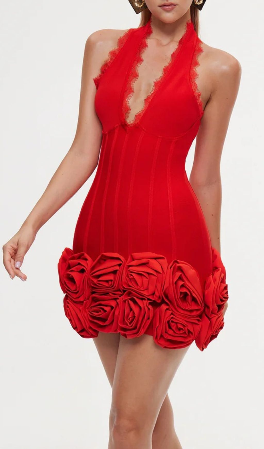 Emanar Red Rose Halterneck Mini Bandage Dress – Glamorous Statement Piece