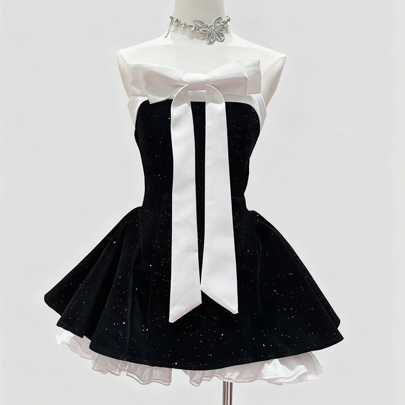 Iola Red Velvet Bowknot Strapless Mini Dress - Festive Party Glam