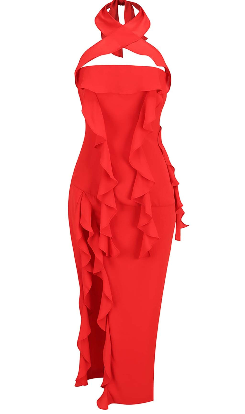 Strapless Ruffle Slit Midi Dress In Red
