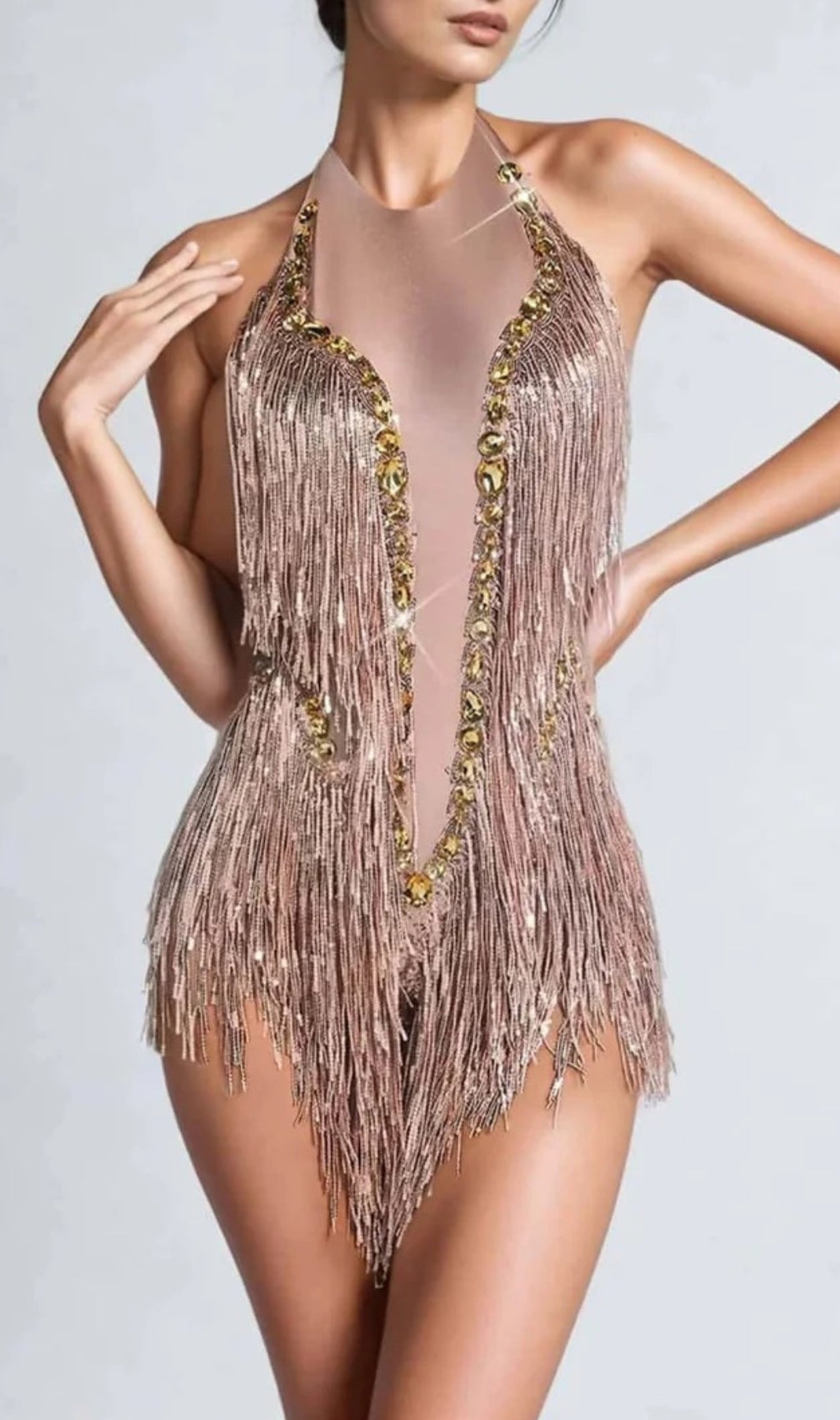 Benicio Halterneck Fringe Sequin Bodysuit