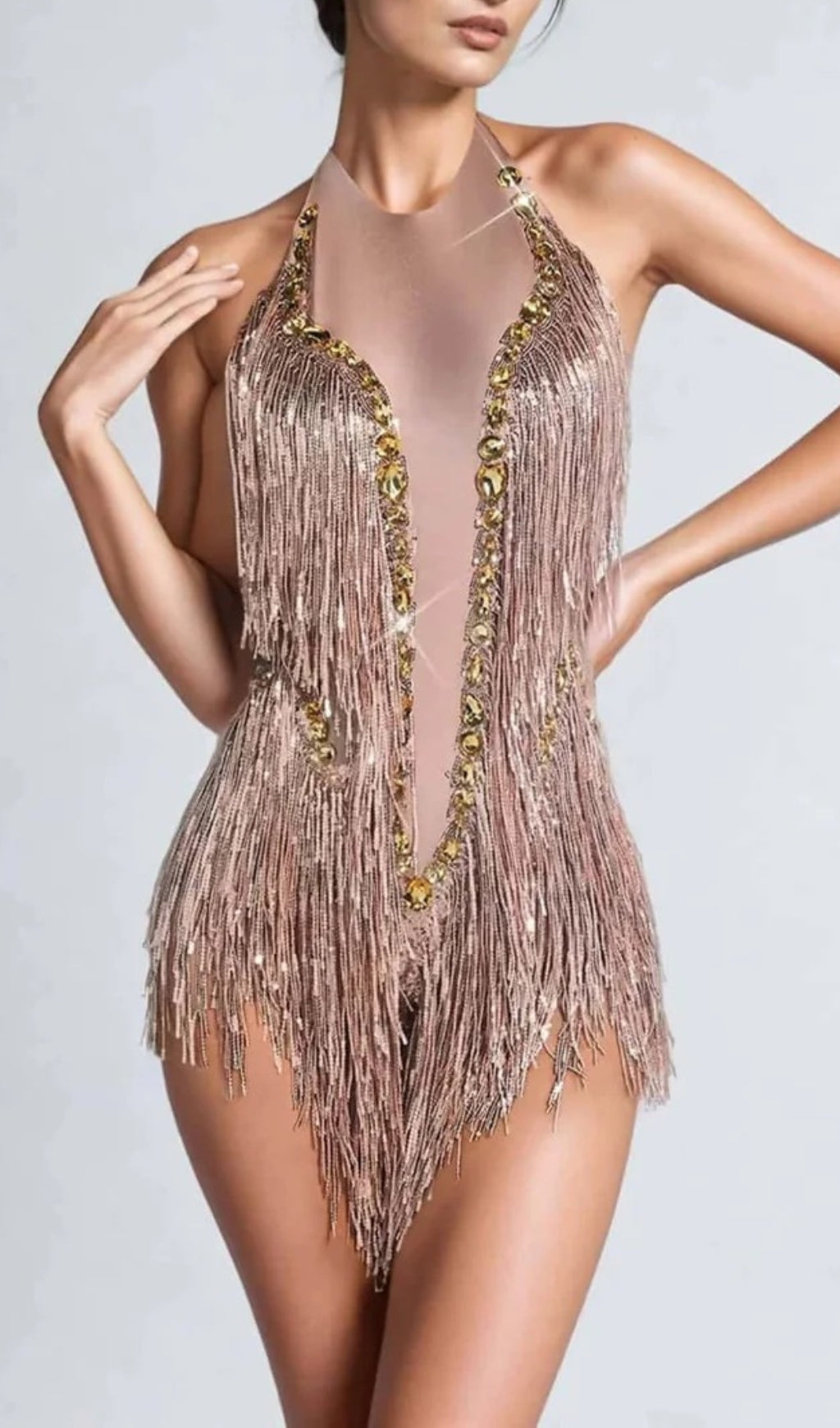Benicio Halterneck Fringe Sequin Bodysuit