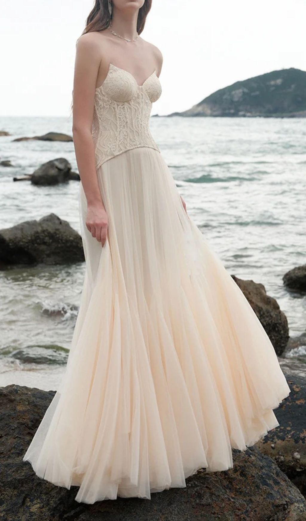 Finja Ethereal Apricot Strapless Corset Mesh Maxi Dress | Romantic Goddess Gown