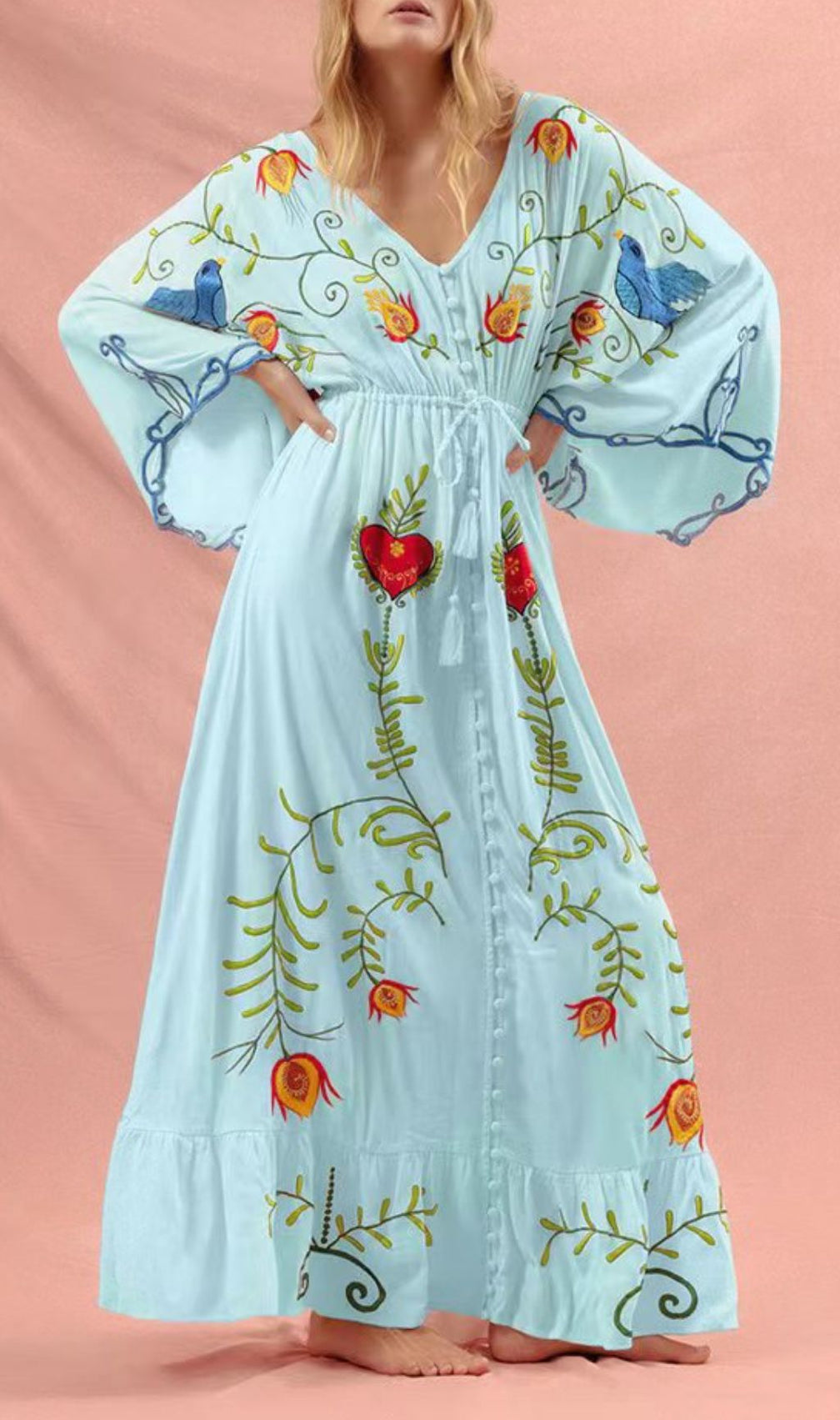 Gita Flower Embroidery Long Sleeve Maxi Dress