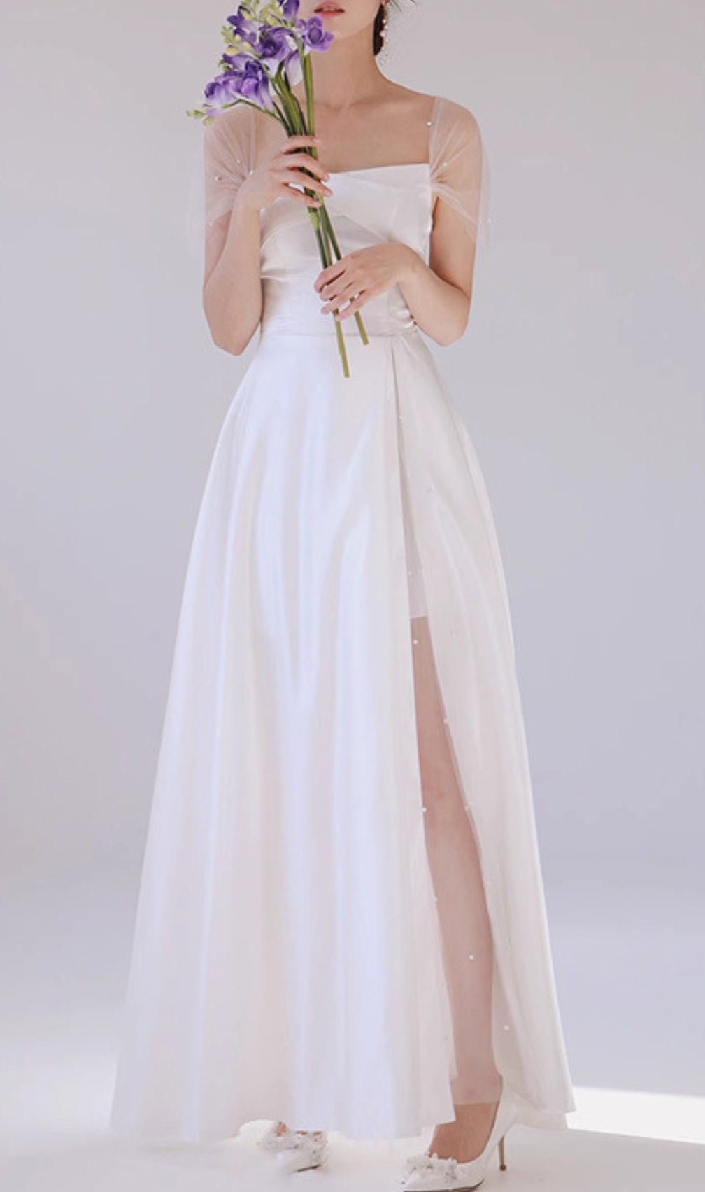 Columnia White Satin Mesh Wedding Dress