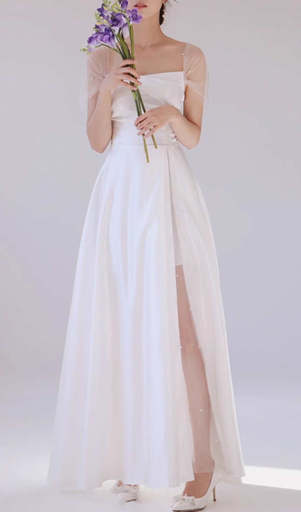 Columnia White Satin Mesh Wedding Dress