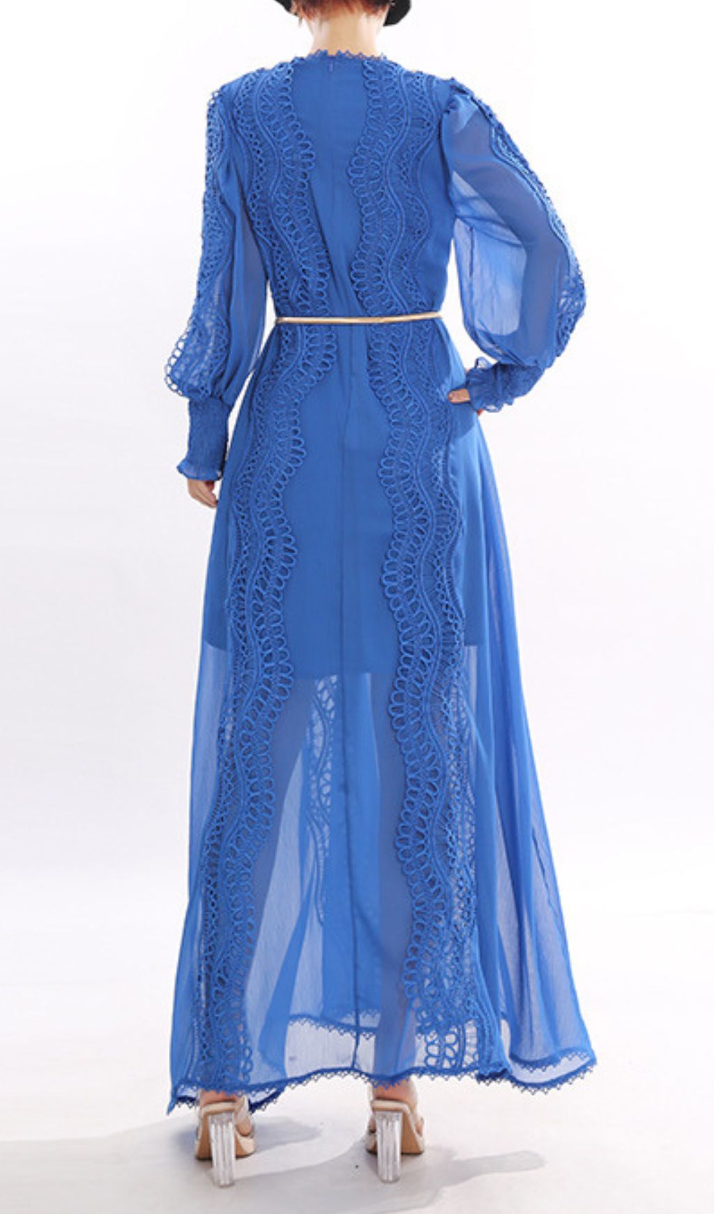 Jeslyn Elegant Royal Blue Lace-Trim Long Sleeve Maxi Dress