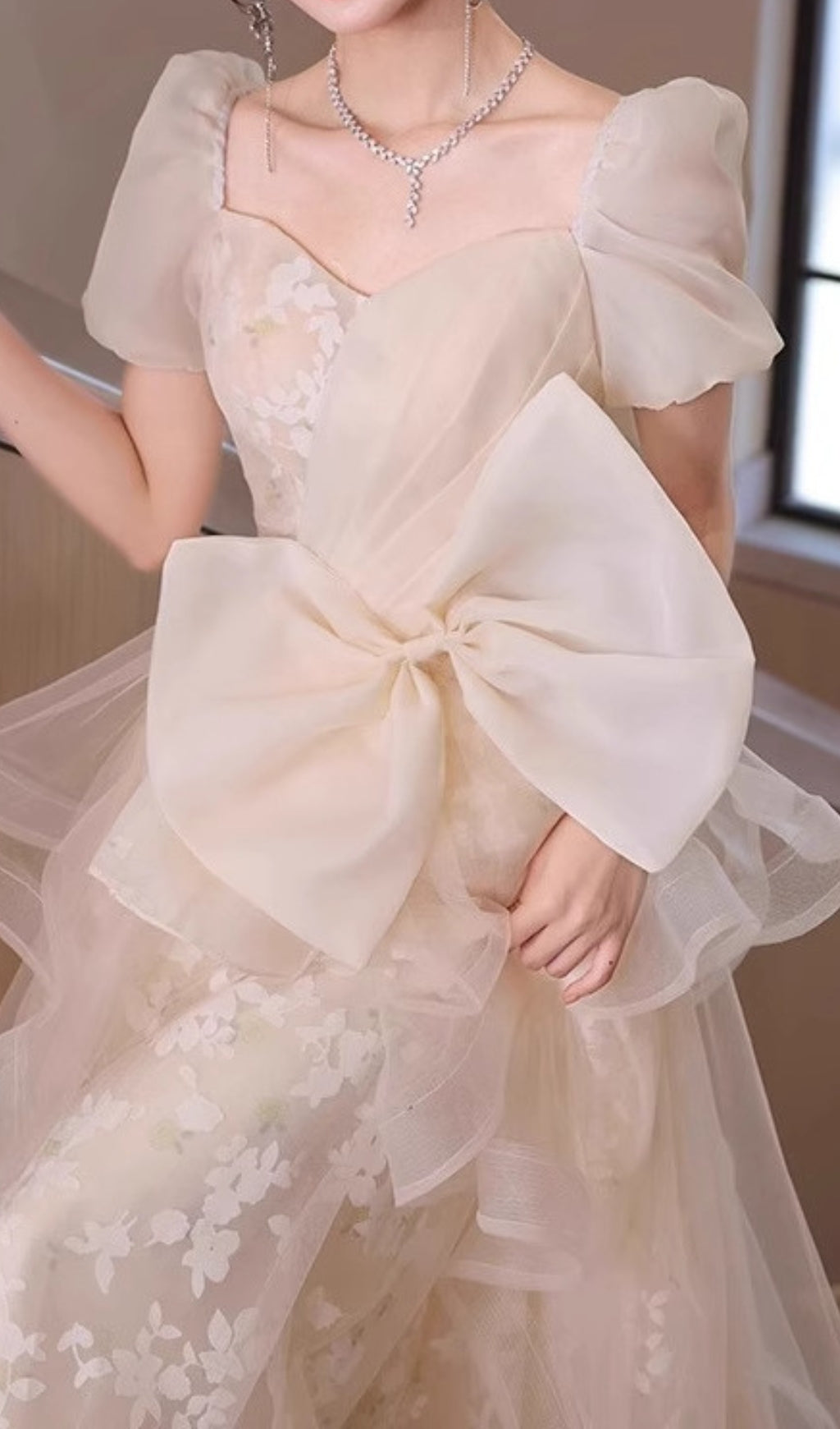 Chinue Bow Flower Mesh Maxi Dress