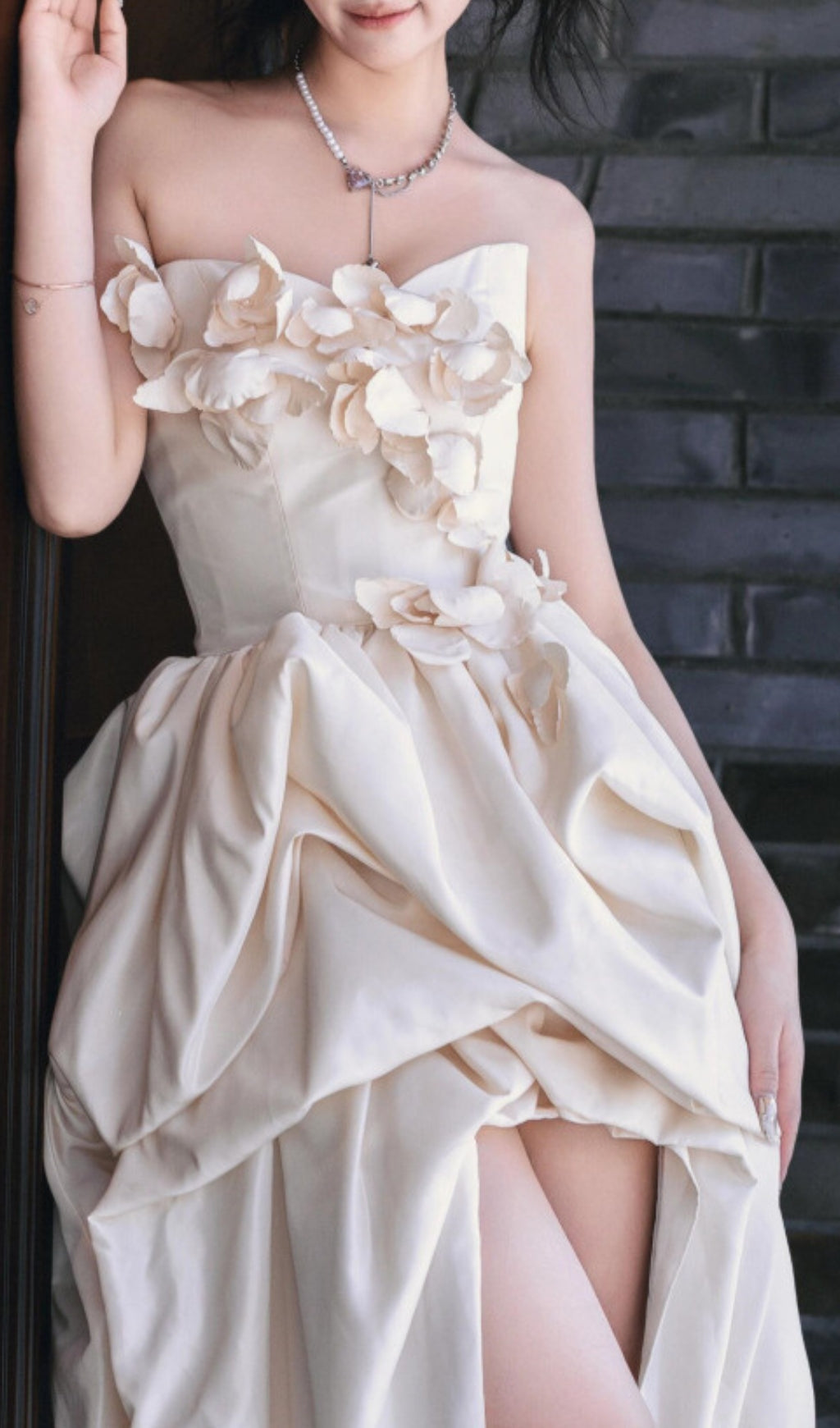 Dalal White Strapless Petal Wedding Dress