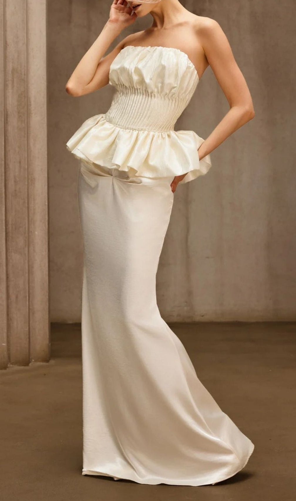 Dysis Luxe Strapless Pleated Peplum Maxi Gown | High-Impact Evening Dress