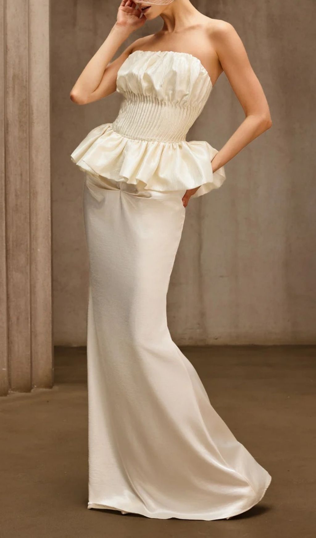 Dysis Luxe Strapless Pleated Peplum Maxi Gown | High-Impact Evening Dress
