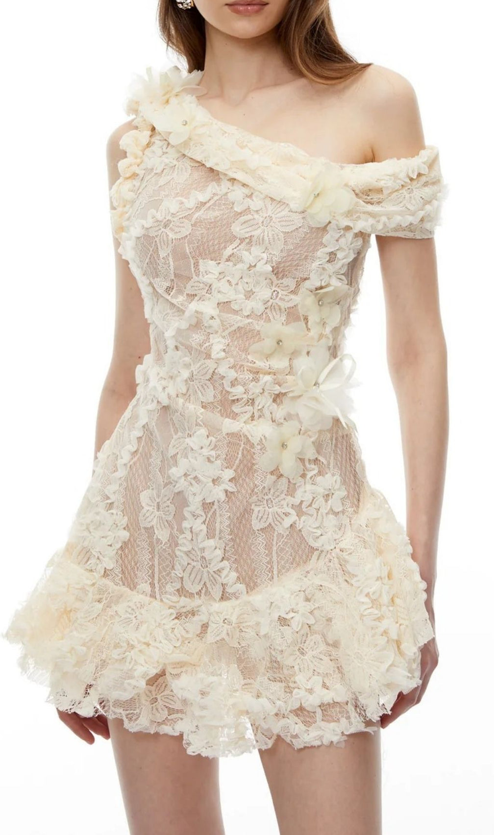 Niobe White Flared Lace Mini Dress with 3D Florals