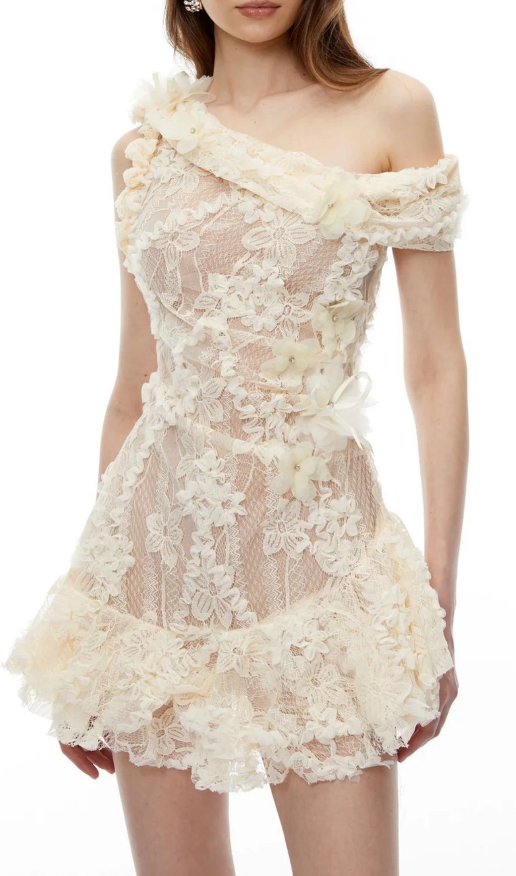 Niobe White Flared Lace Mini Dress with 3D Florals