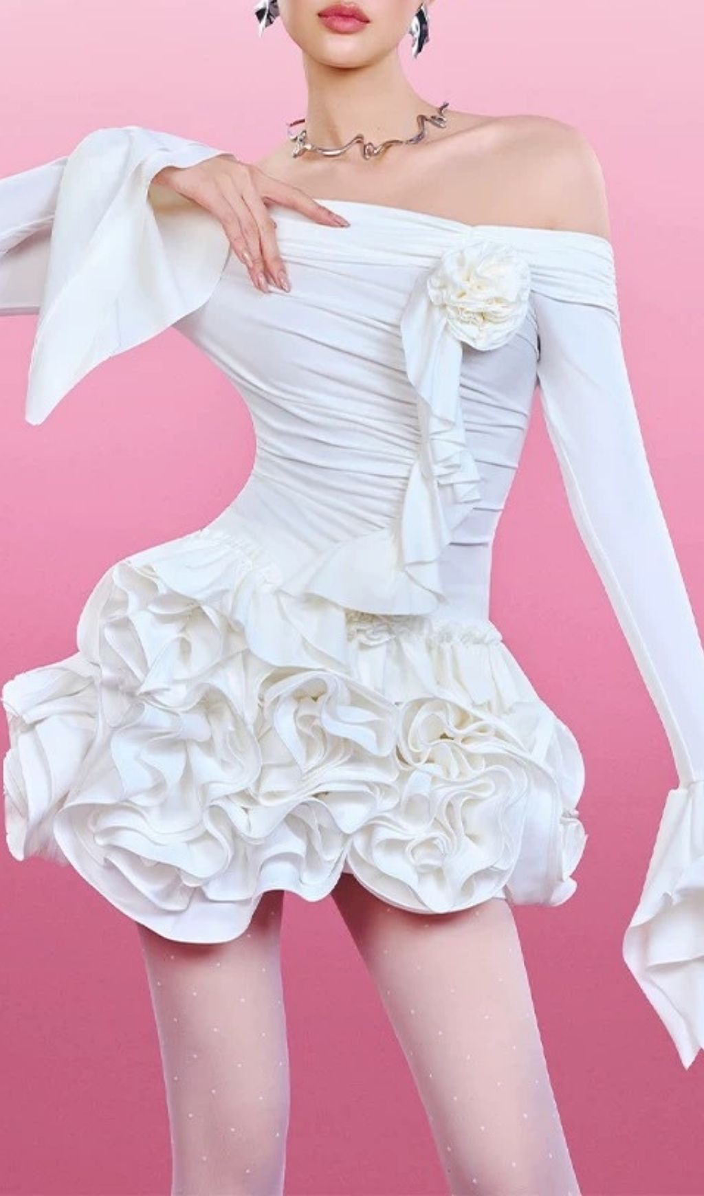 Daniyah Glamour Off-Shoulder 3D Floral Ruffle Mini Skirt Set