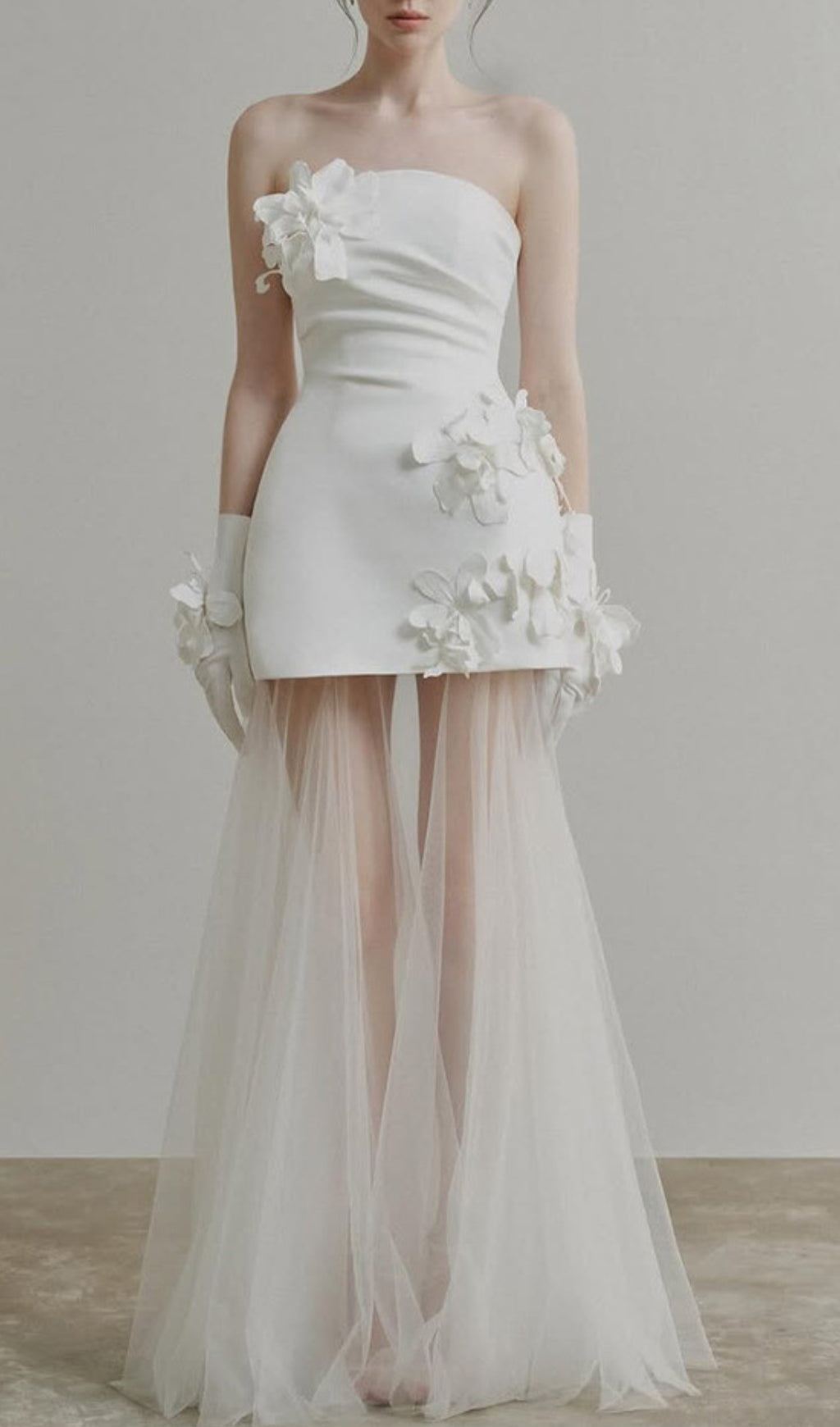 Doli White Strapless Flower Mesh Maxi Dress