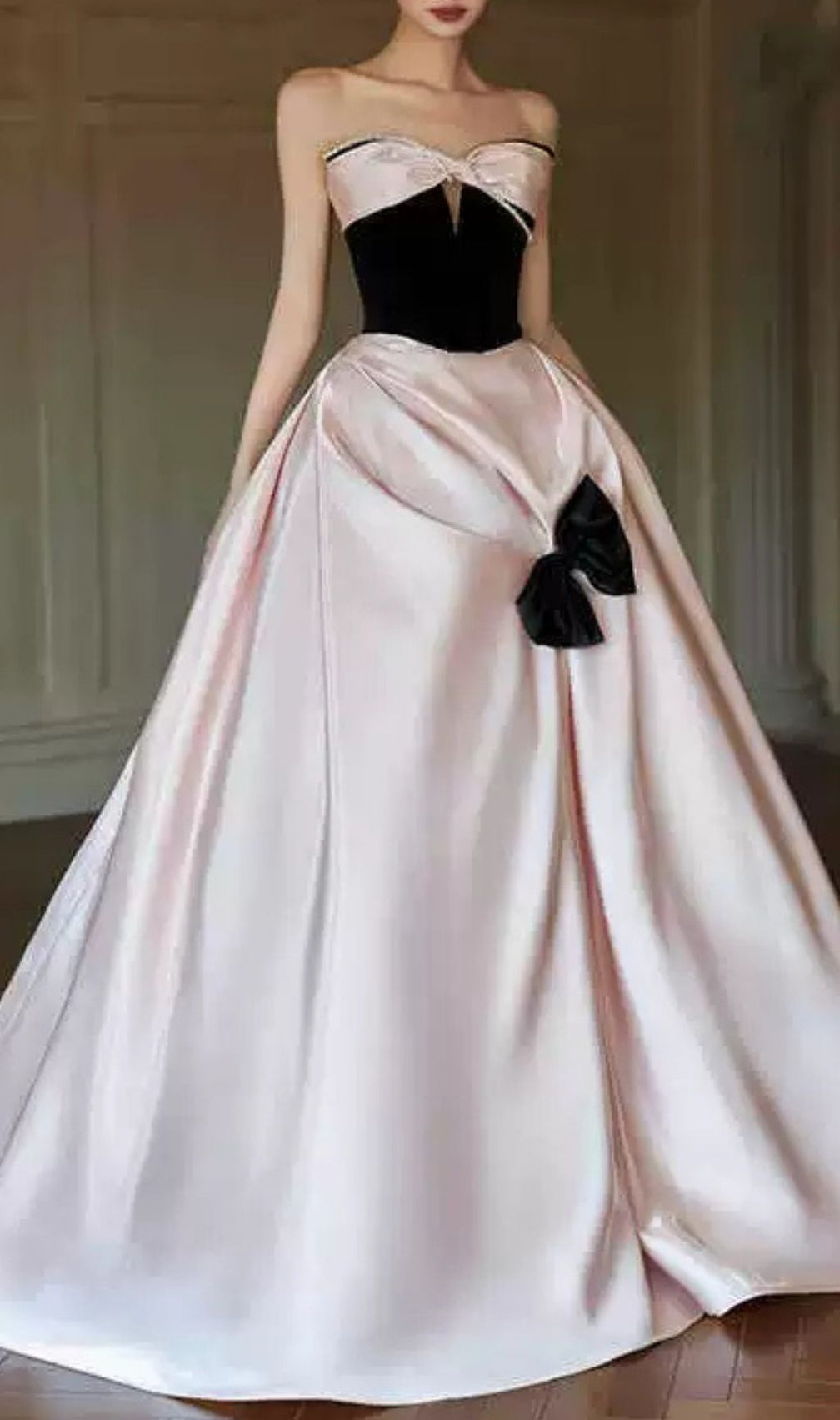 Karisse Blush Pink Strapless Velvet & Satin Gala Gown with Bow Accents