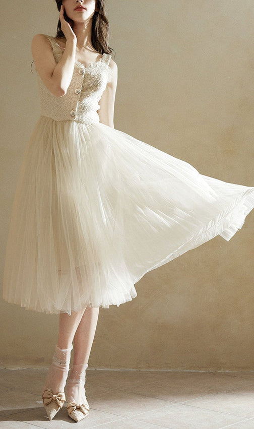 Elegant Beige Tulle Midi Dress | Sleeveless A-Line Gown for Special Occasions