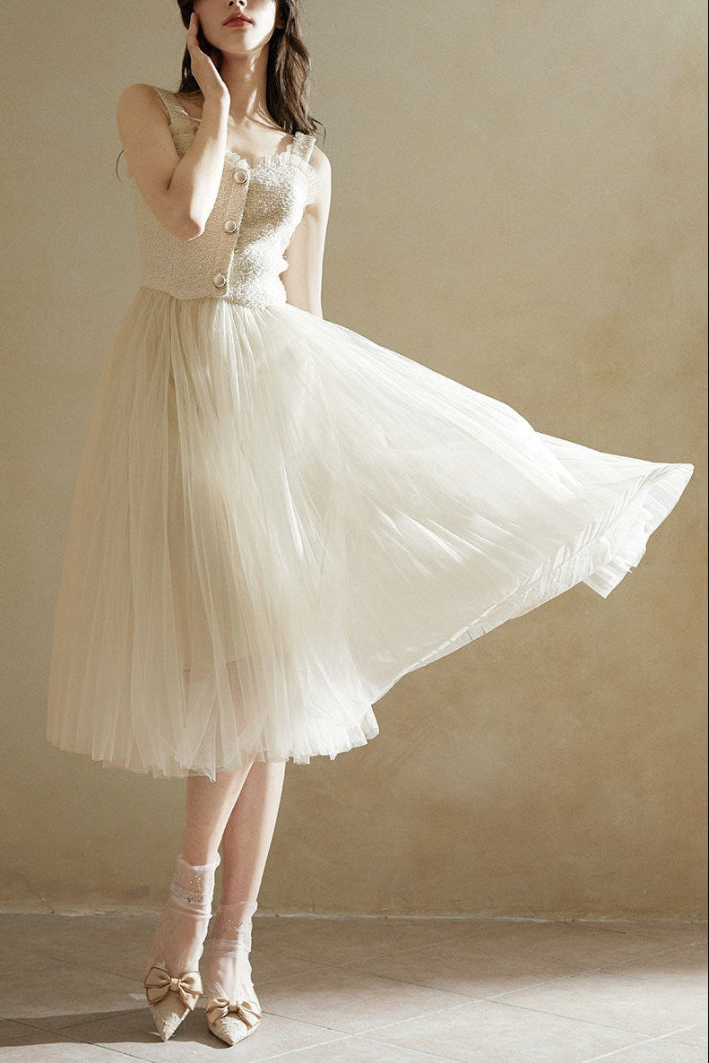 Elegant Beige Tulle Midi Dress | Sleeveless A-Line Gown for Special Occasions