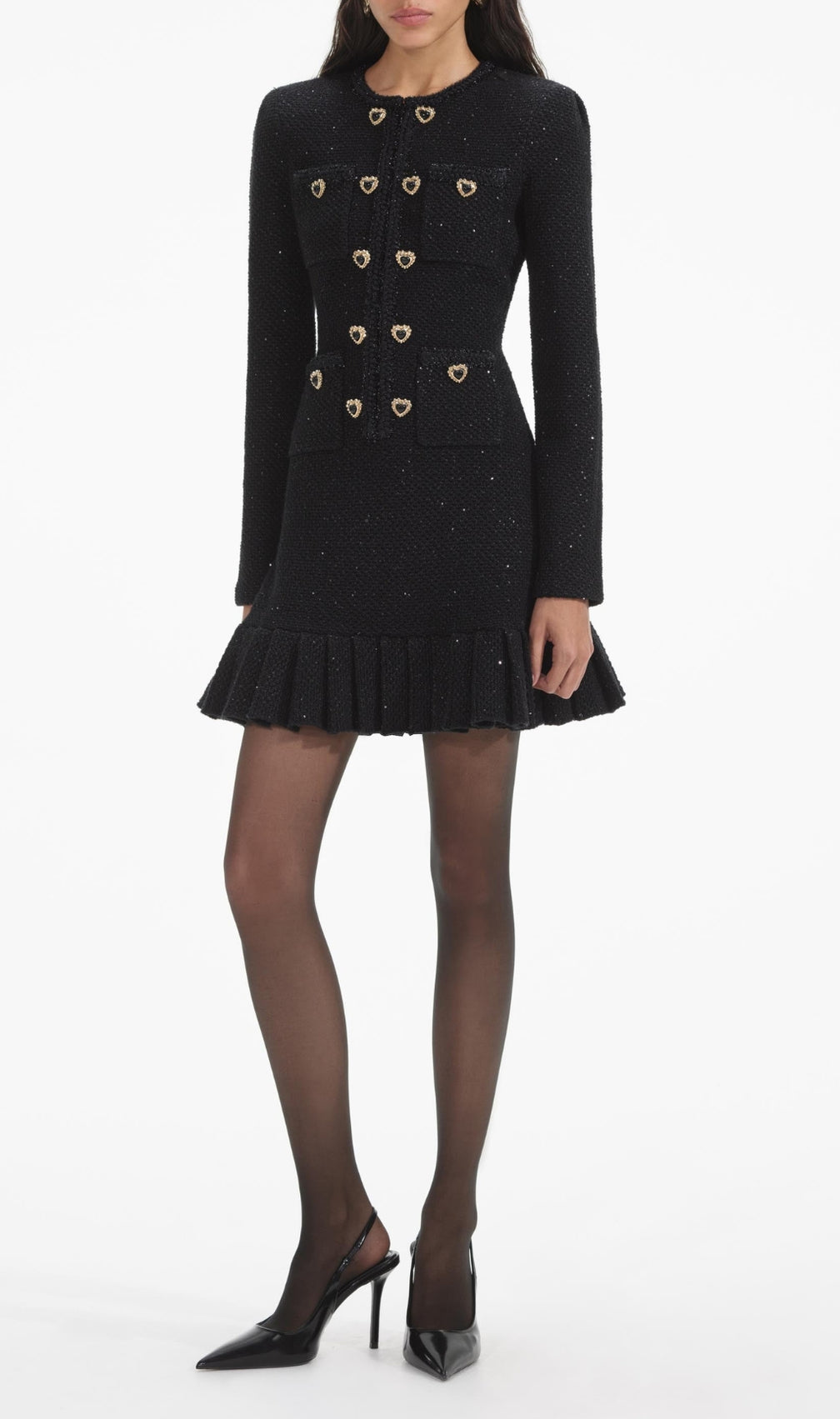Black Buttoned Long Sleeve Knit Mini Dress