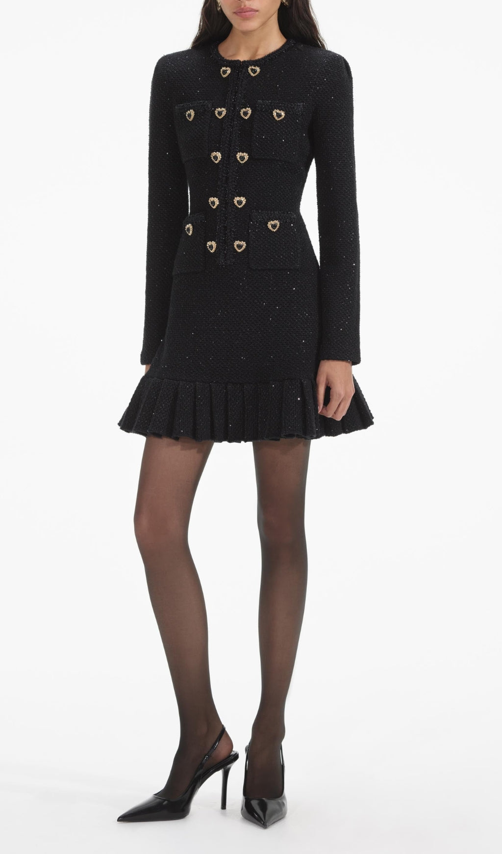 Black Buttoned Long Sleeve Knit Mini Dress