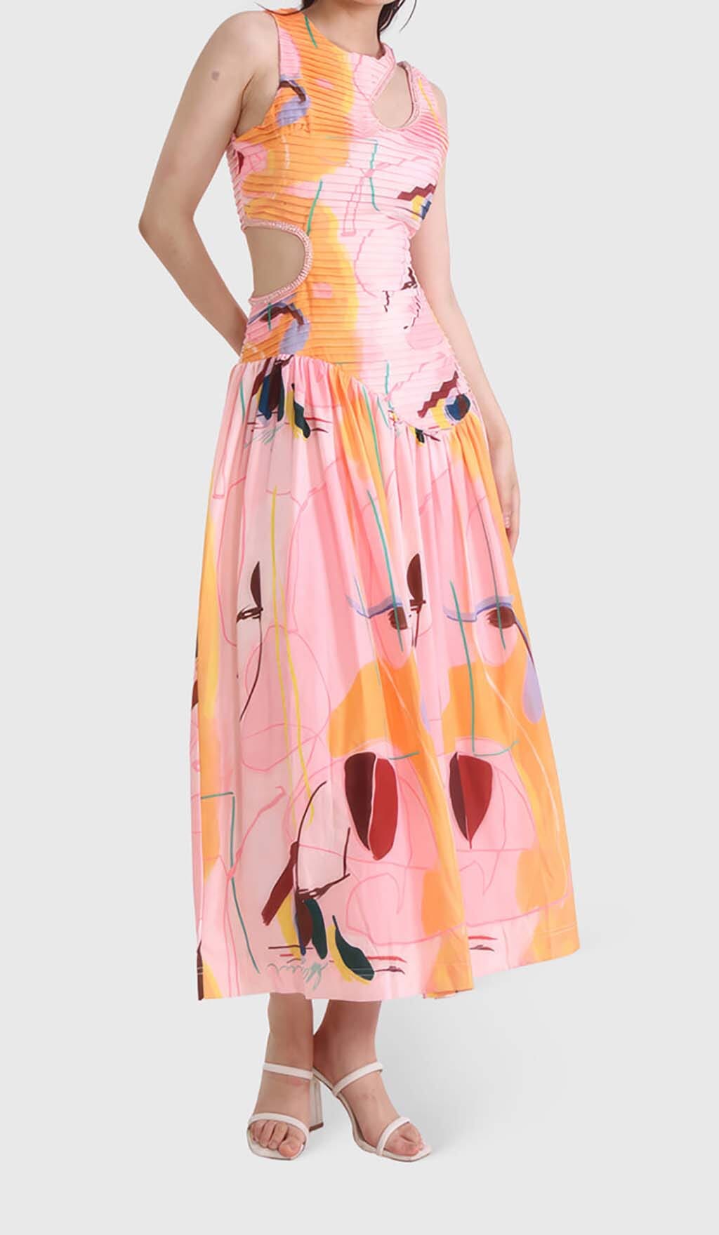 Cut Outs Round Neck Maxi Dress In Multicolor