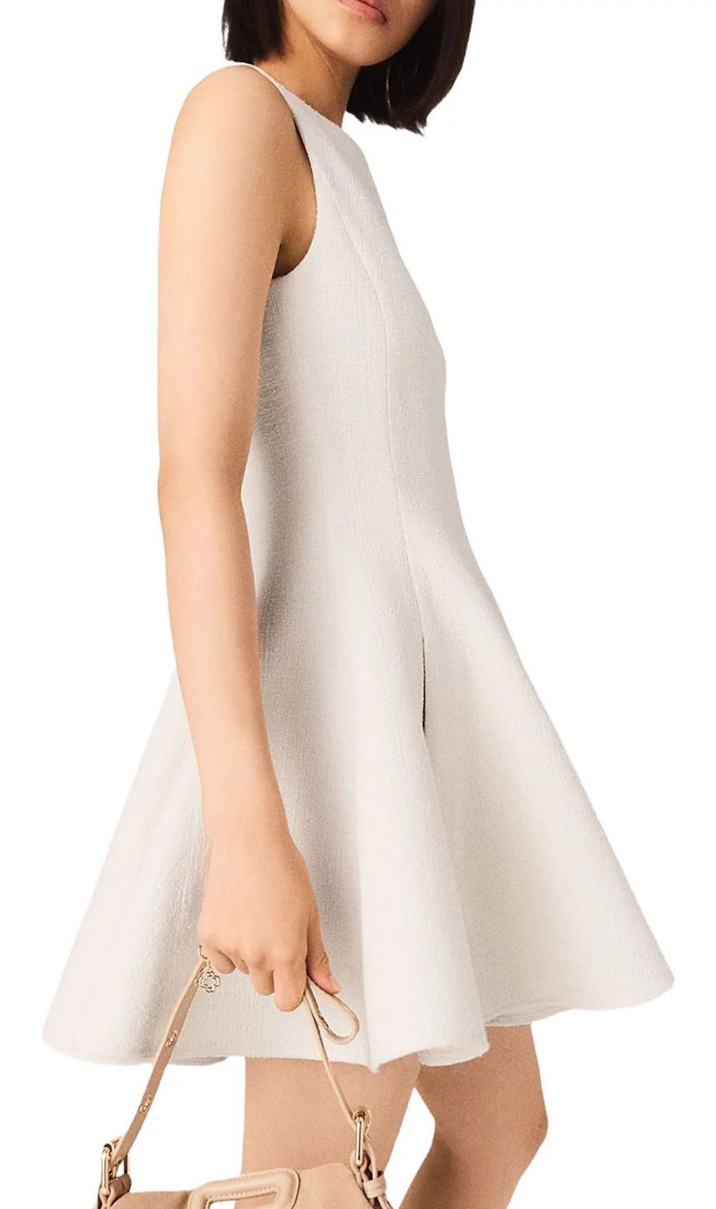 Elegant White Flared Mini Dress | Chic Sleeveless Boat Neck with Shoulder Jewel Detail