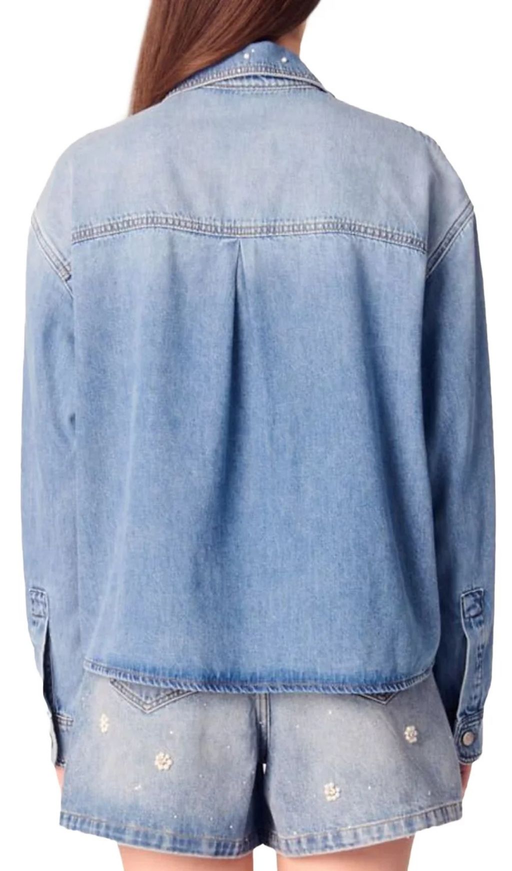 Chic Blossom Denim Shirt: Pearl & Rhinestone Embellished Button-Up for Women