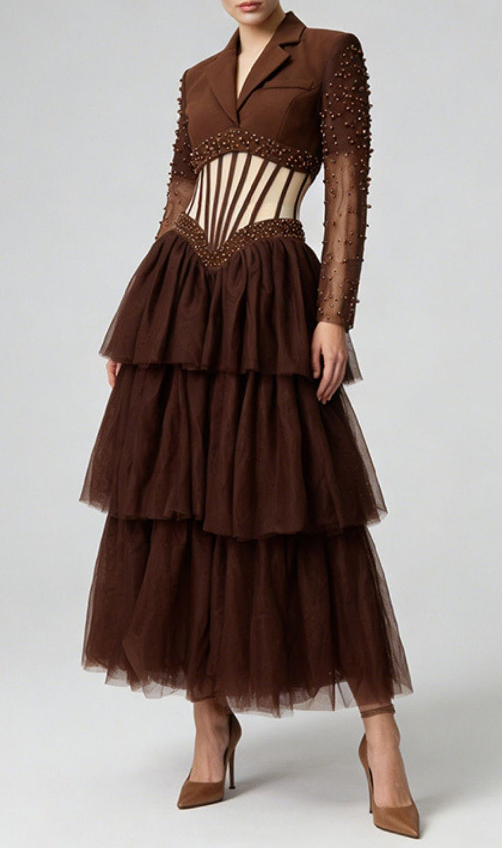 Kaysar Coffee Brown Beaded Corset Gown | Elegant Tiered Mesh Maxi Dress