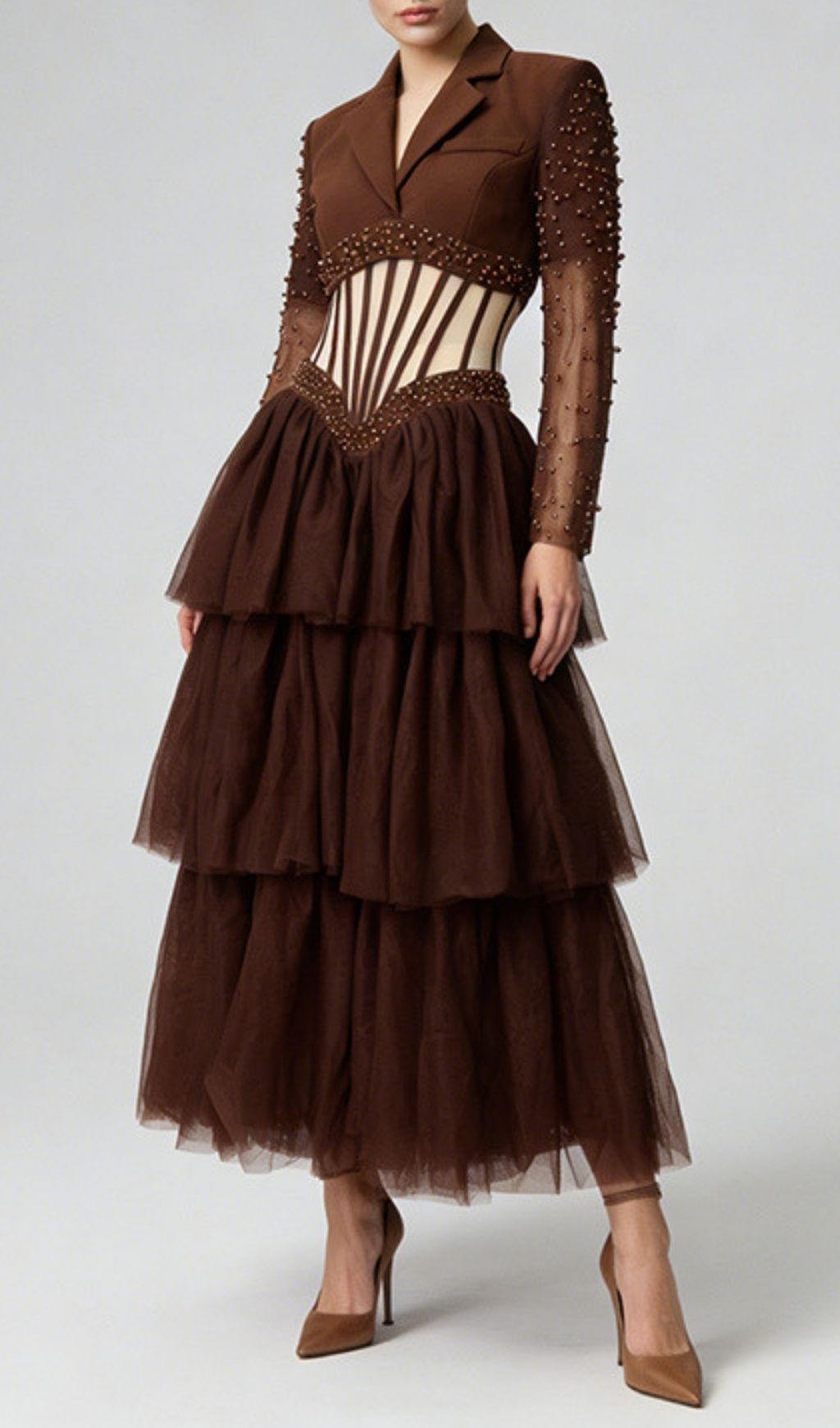 Kaysar Coffee Brown Beaded Corset Gown | Elegant Tiered Mesh Maxi Dress
