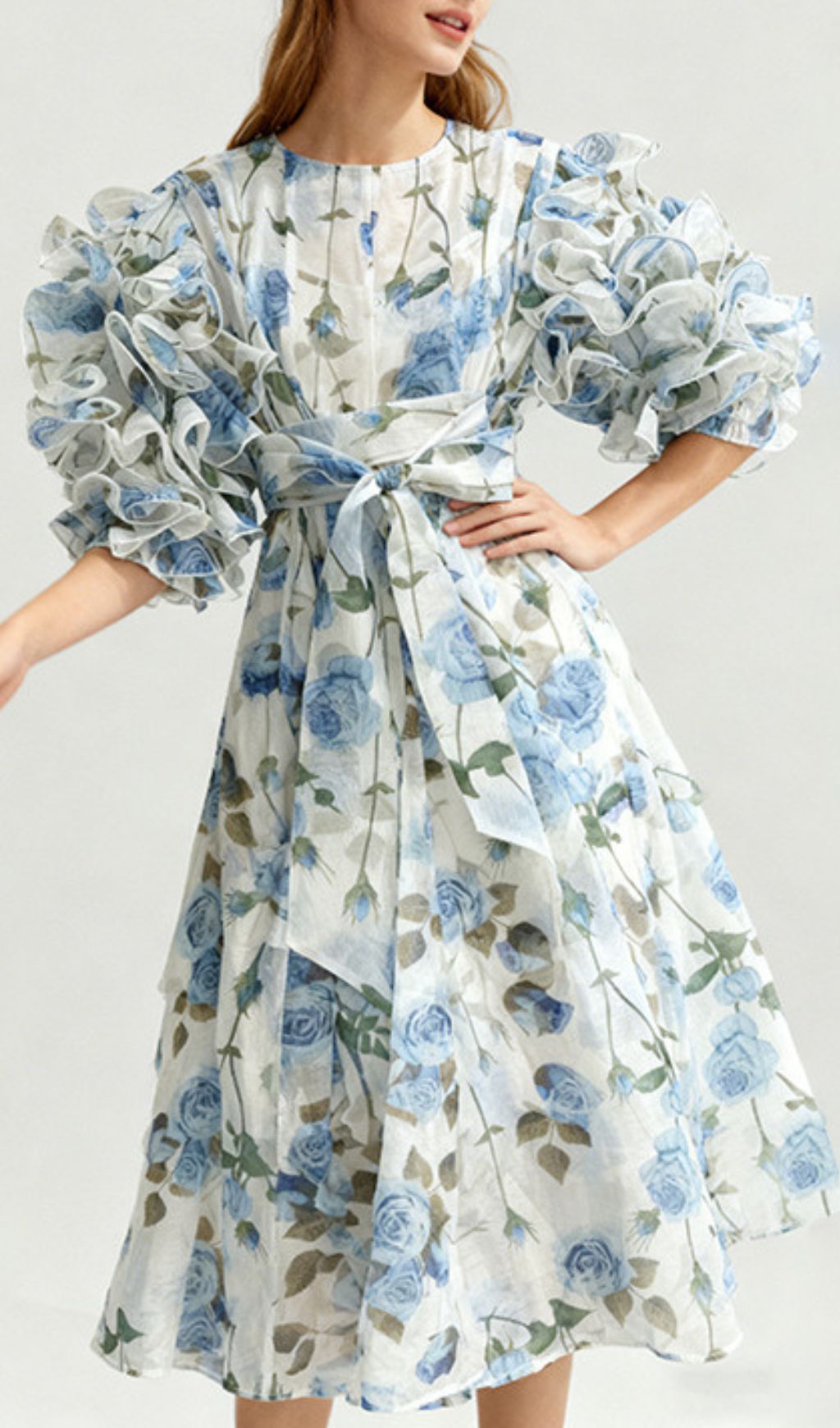 Jordin Romantic Ruffle Sleeve Floral Midi Dress | Women's Blue & Pink