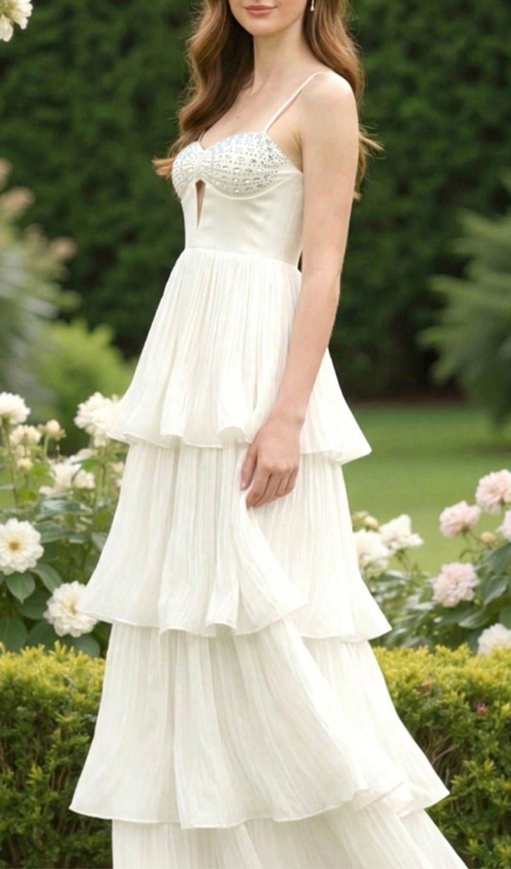 Katherina White Diamante Strappy Tiered Maxi Dress - Ethereal Bridal Elegance