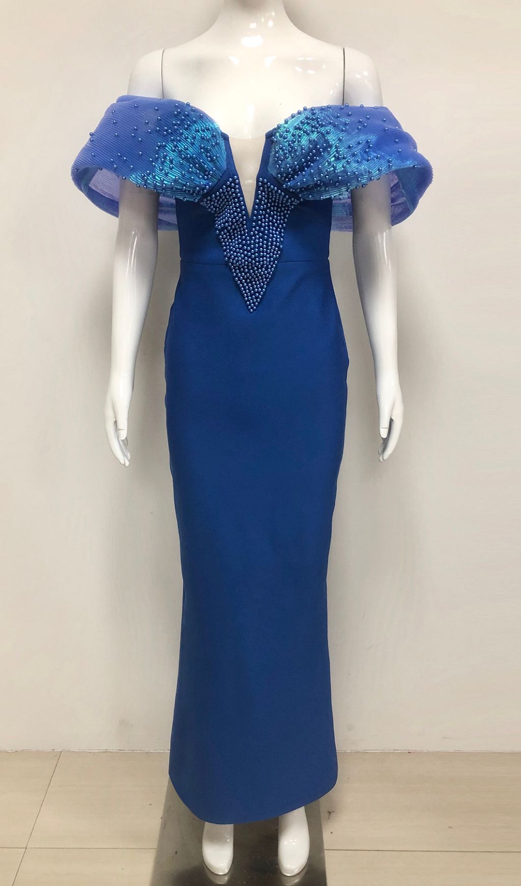 Emani Blue Off-Shoulder Maxi Bandage Dress