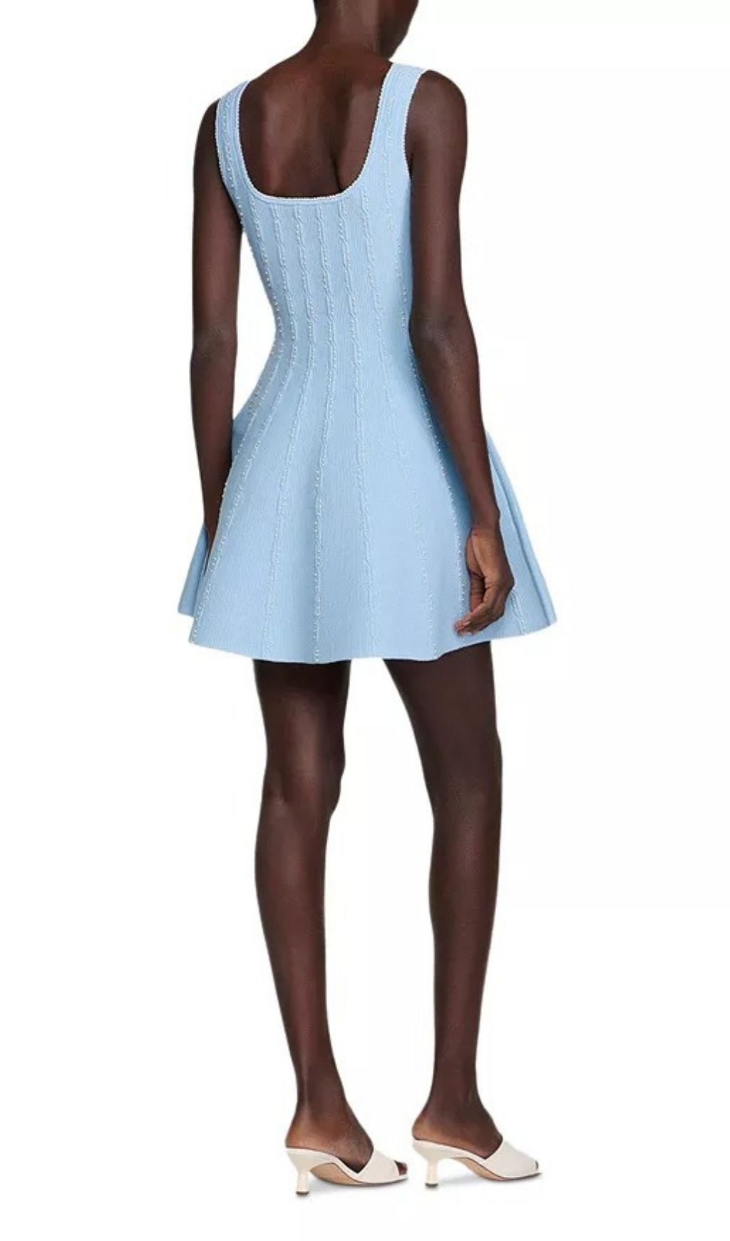 Effortless Chic: Light Blue Pointelle Knit Mini Dress – Scoop Neck & Flared Skirt