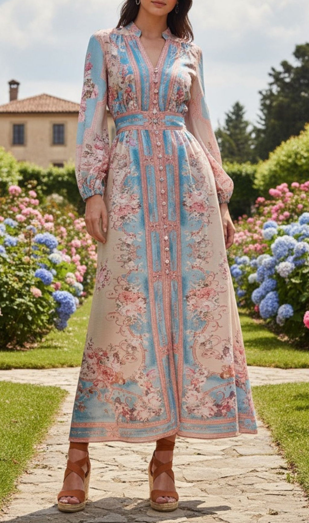 Kamillia Romantic Blue & Pink Floral Long Sleeve Maxi Dress | Garden Elegance