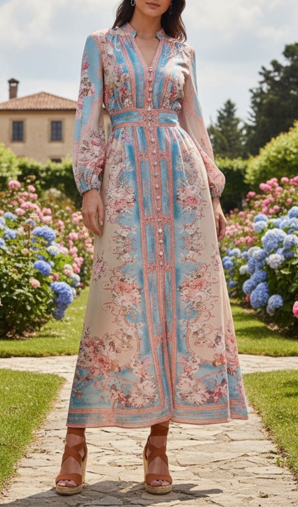 Kamillia Romantic Blue & Pink Floral Long Sleeve Maxi Dress | Garden Elegance