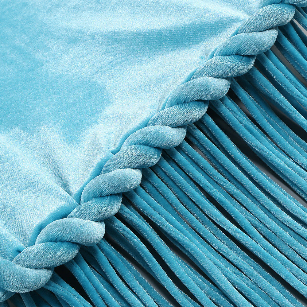 Jamie Dazzling Blue Velvet Halter Fringe Maxi Dress