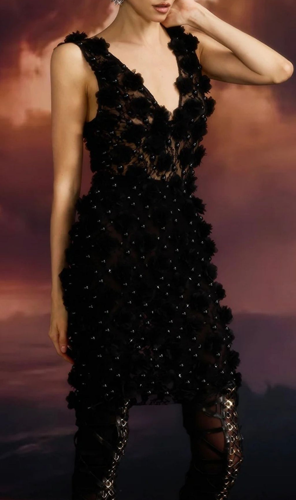 Dalal Sleeveless Flower Pearl Mini Dress In Black