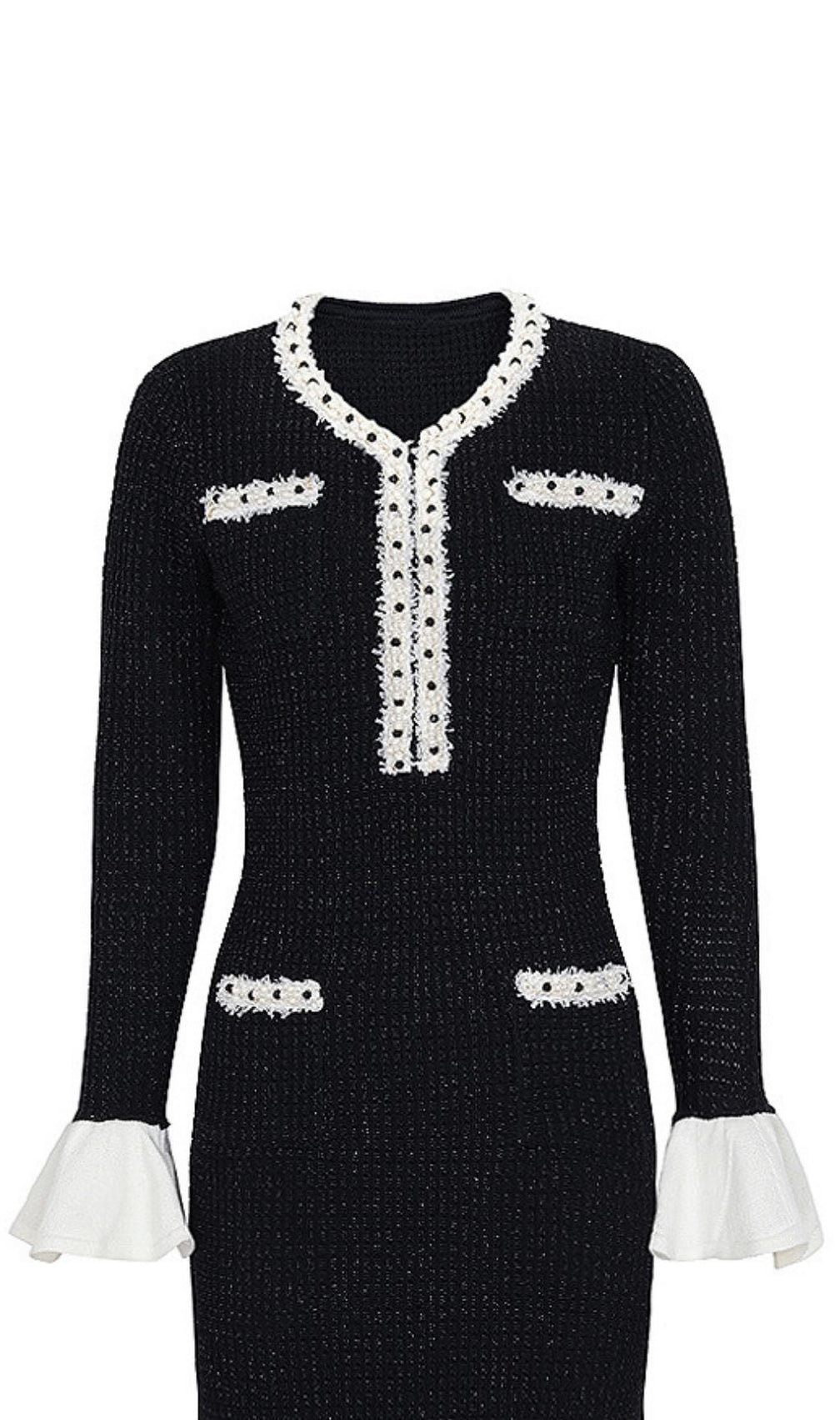 Kaula Sparkling Black Beaded Knit Midi Dress | Elegant Long Sleeve with Ruffle Cuffs