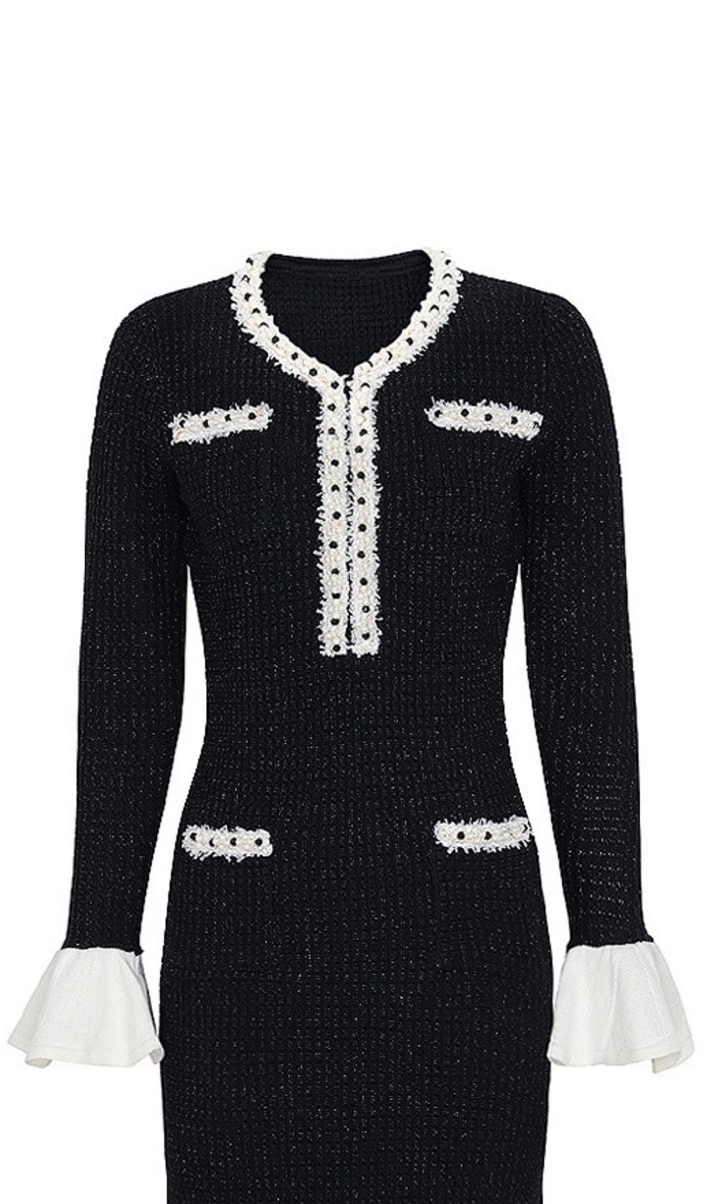 Kaula Sparkling Black Beaded Knit Midi Dress | Elegant Long Sleeve with Ruffle Cuffs
