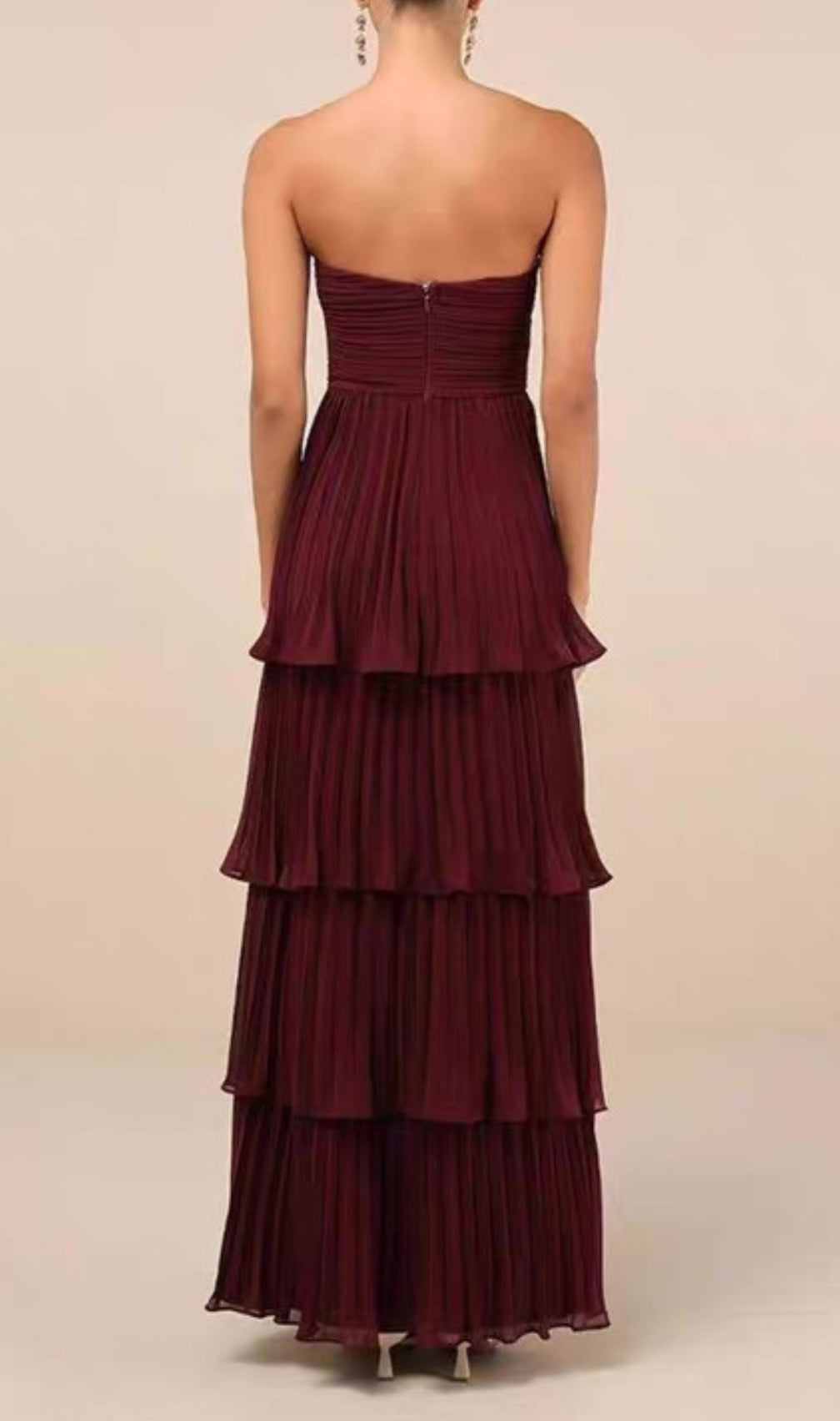 Ensio Wine Strapless Pleated Maxi Dress