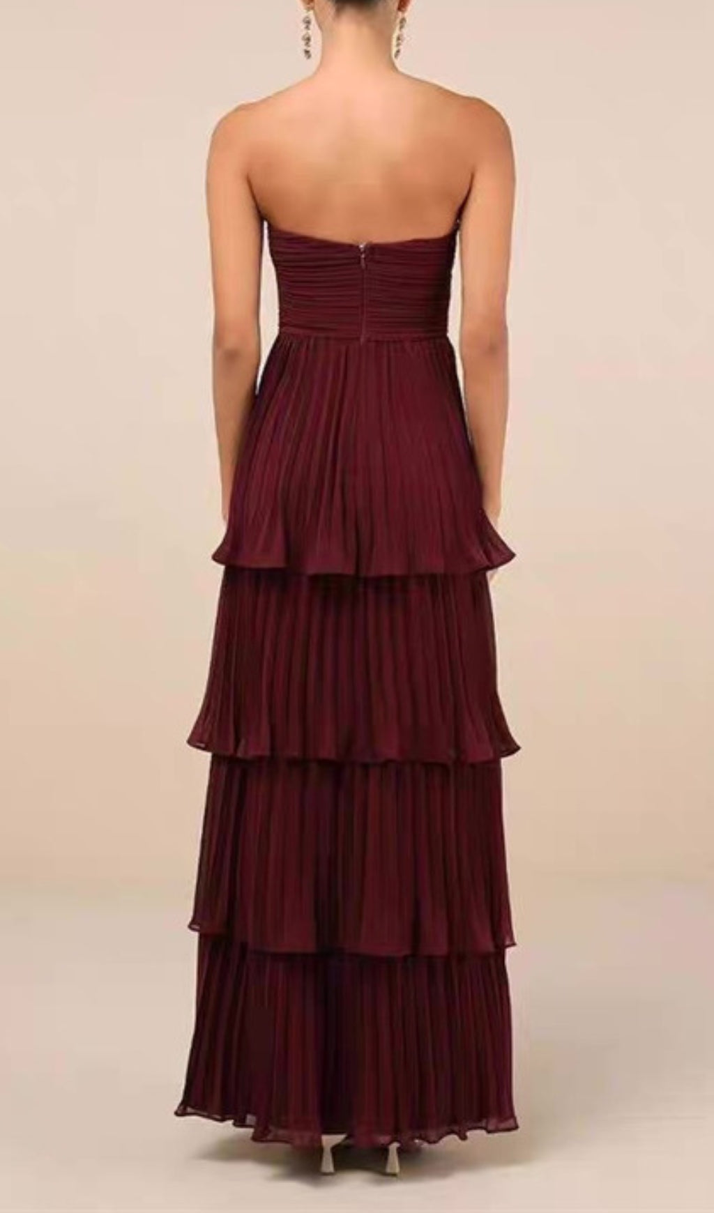 Ensio Wine Strapless Pleated Maxi Dress