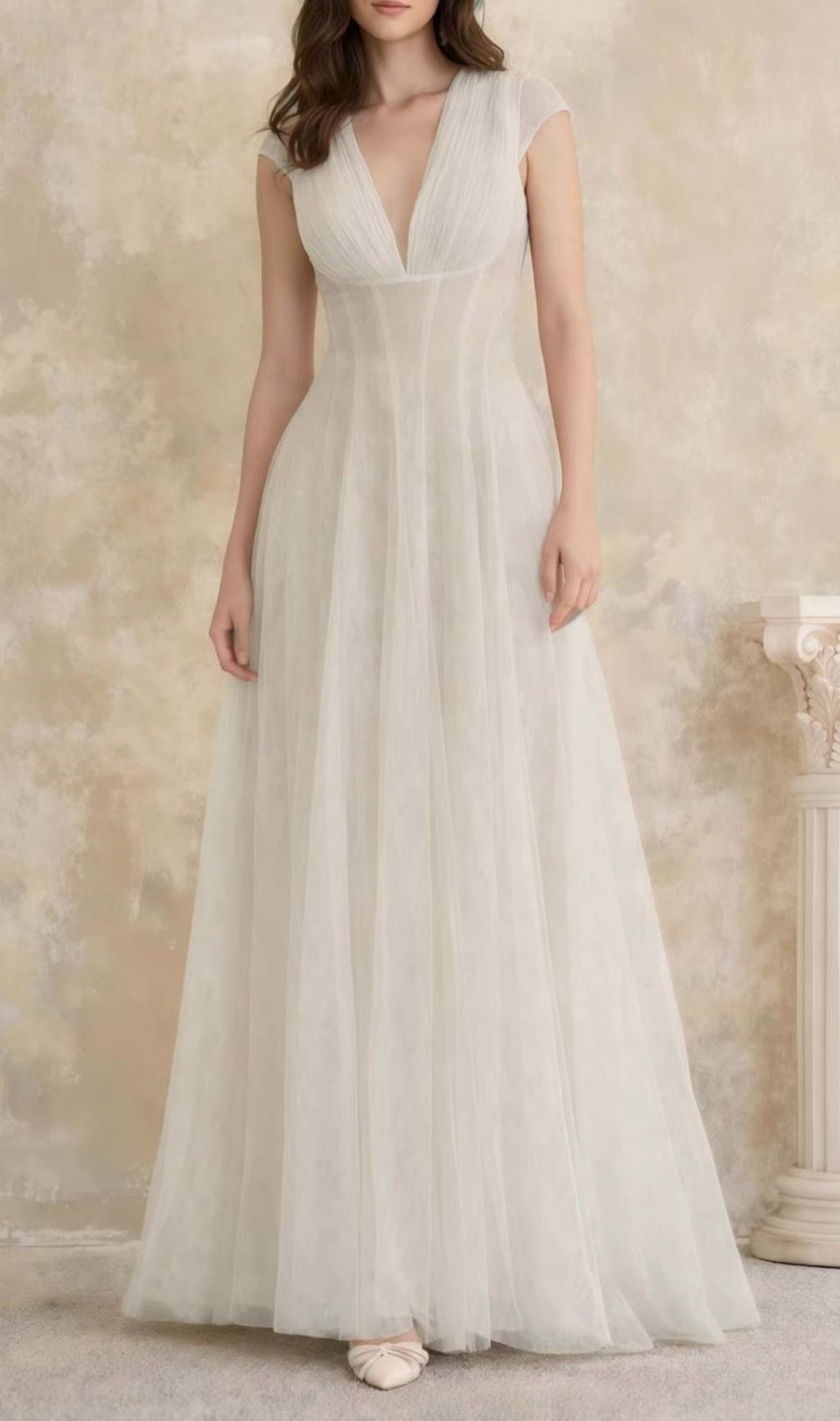Kelsey Ethereal Cream V-Neck Mesh Maxi Dress