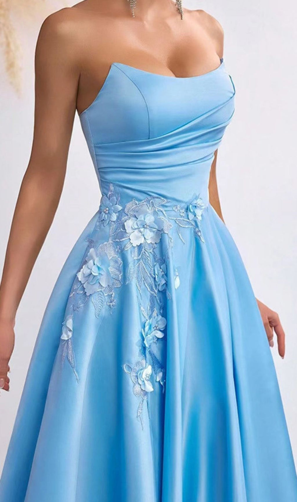 Kaiyo Azure Blue Strapless Sweetheart Maxi Gown with 3D Floral Appliqués & Thigh Slit