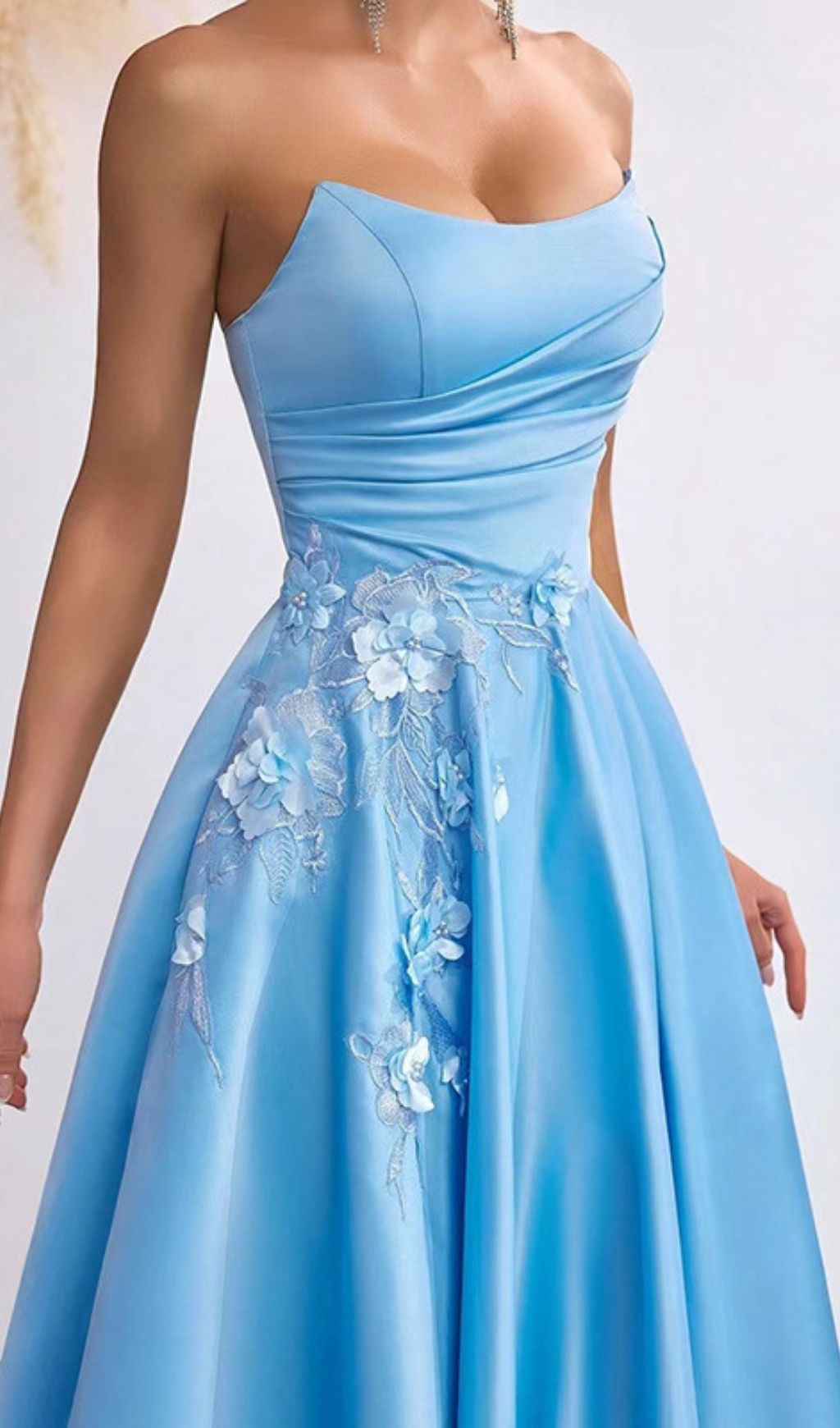 Kaiyo Azure Blue Strapless Sweetheart Maxi Gown with 3D Floral Appliqués & Thigh Slit
