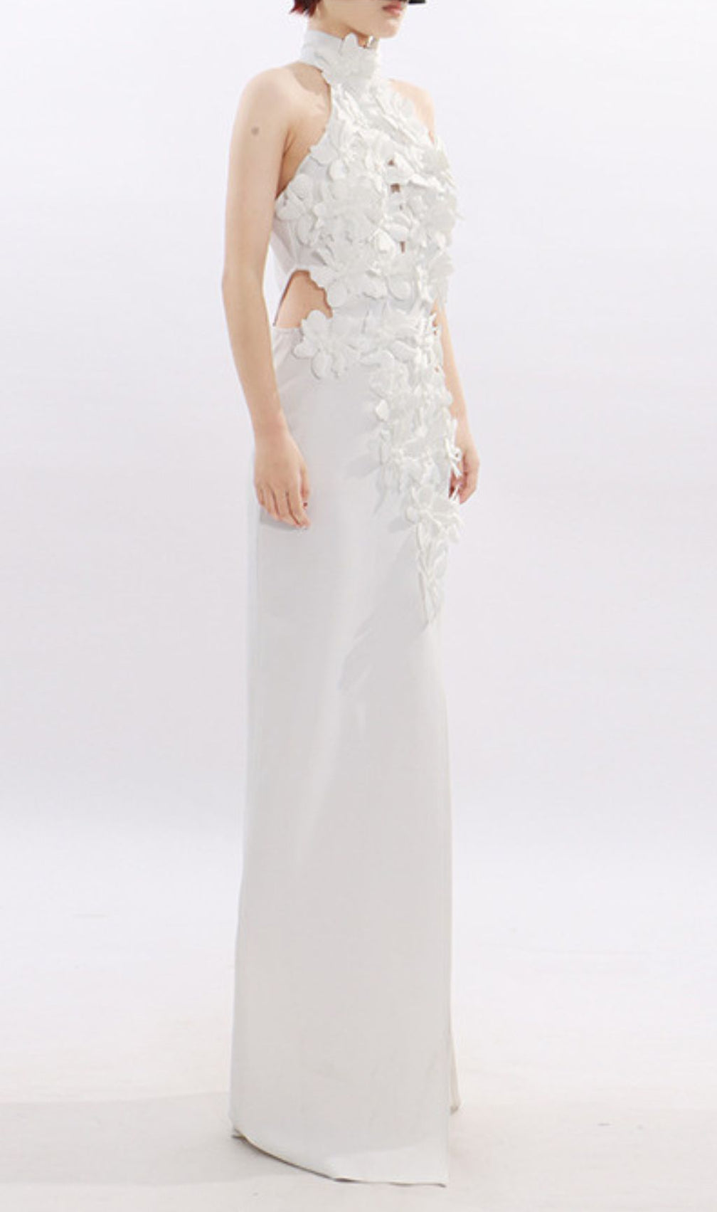Jezel White 3D Floral Halter Maxi Dress - Elegant Wedding Guest & Gala Gown